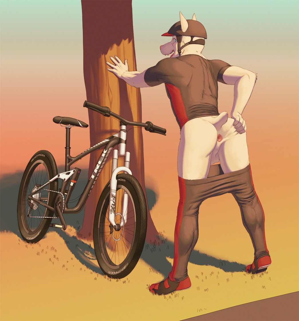 adamdober against_surface against_wall anthro anus backsack balls bicycle blue_eyes bottomwear bottomwear_down butt canid canine canis clothed clothing digital_media_(artwork) dobermann domestic_dog e621 fur genitals looking_at_viewer looking_back male mammal meesh mountain_bike outside pants pants_down partially_clothed perineum pinscher plant pose presenting presenting_anus presenting_hindquarters rear_view shadow solo sportswear spread_butt spreading tree vehicle white_body white_fur
