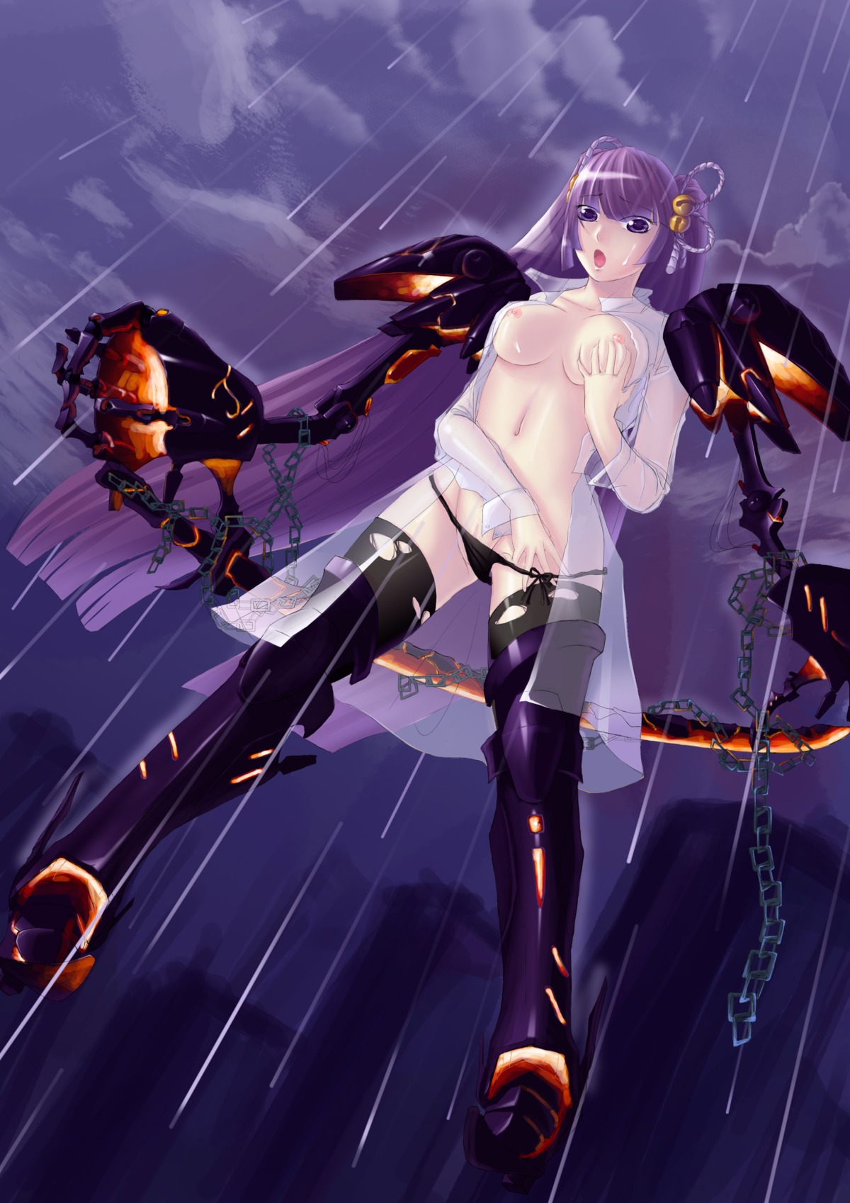 black_panties breasts chains copyright_request female flying footwear highres iyume long_hair masturbation no_bra nude panties purple_hair rain rule34 side-tie_panties socks solo underwear wings