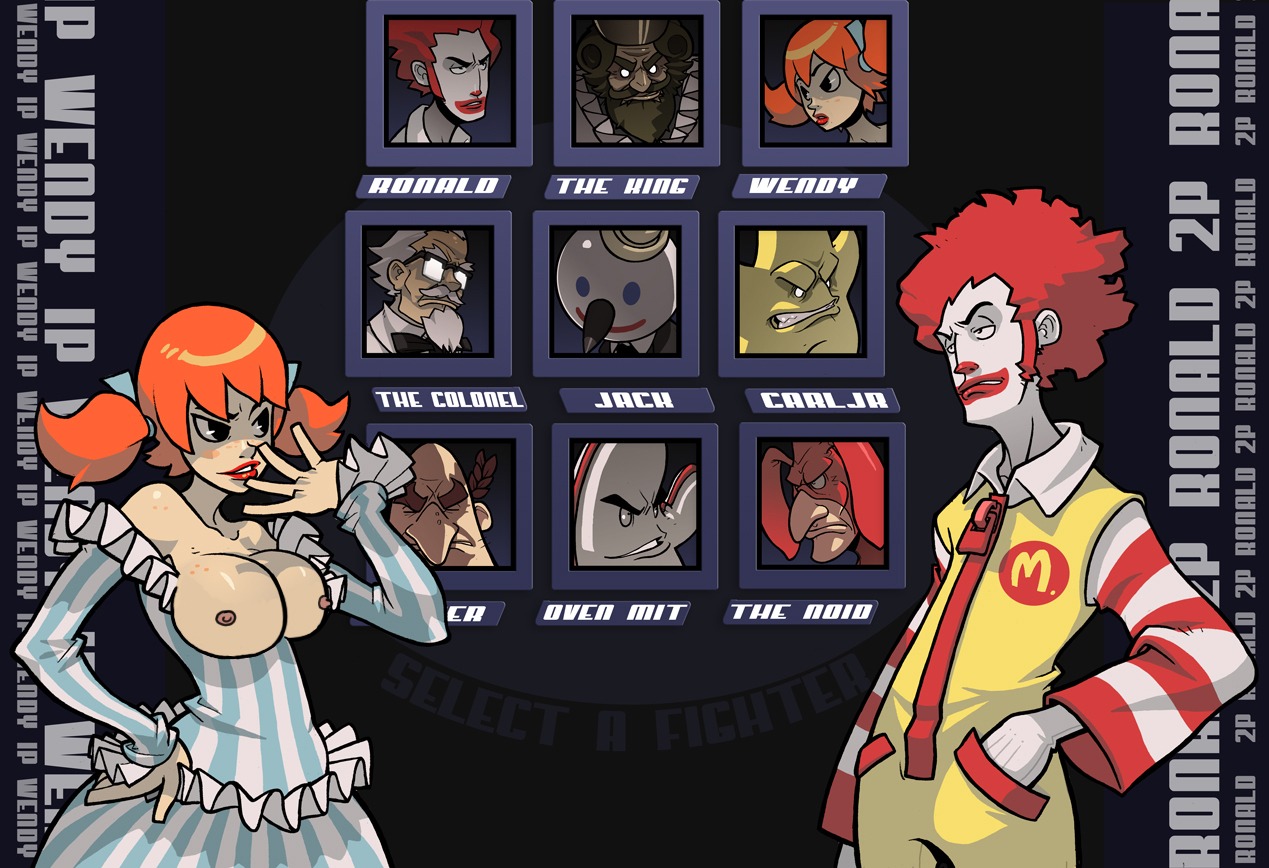 1boy 1girls afro arby's breasts burger_king carl's_jr. colonel_sanders domino's_pizza douglas_harvey fake_screenshot female glasses jack jack_box jack_in_the_box kfc little_caesar little_caesars male mascot mcdonald's nipples orange_hair parody pizza_hut red_hair ronald_mcdonald rule34 text the_king_(burger_king) the_noid twintails wendy's wendy_thomas