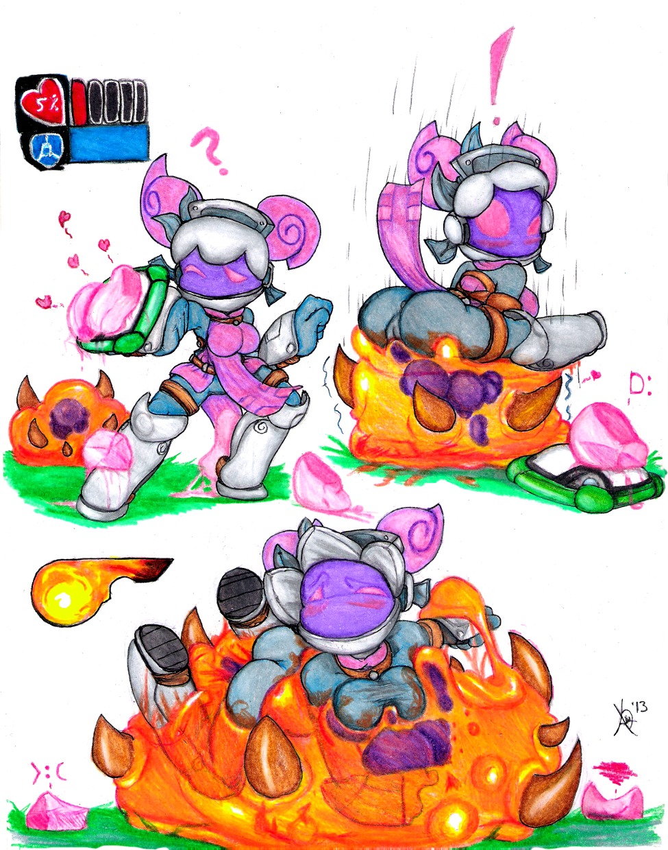 2013 afterhumanity333 anus armor blush e621 exclamation_point female forced gameplay_mechanics genitals goo_creature grey_havens gui health_bar heart_symbol hi_res innie_vulva lichen mouthless noseless not_furry question_mark rape sex shield slime solo spiral_knight_(species) spiral_knights traditional_media_(artwork) vulva