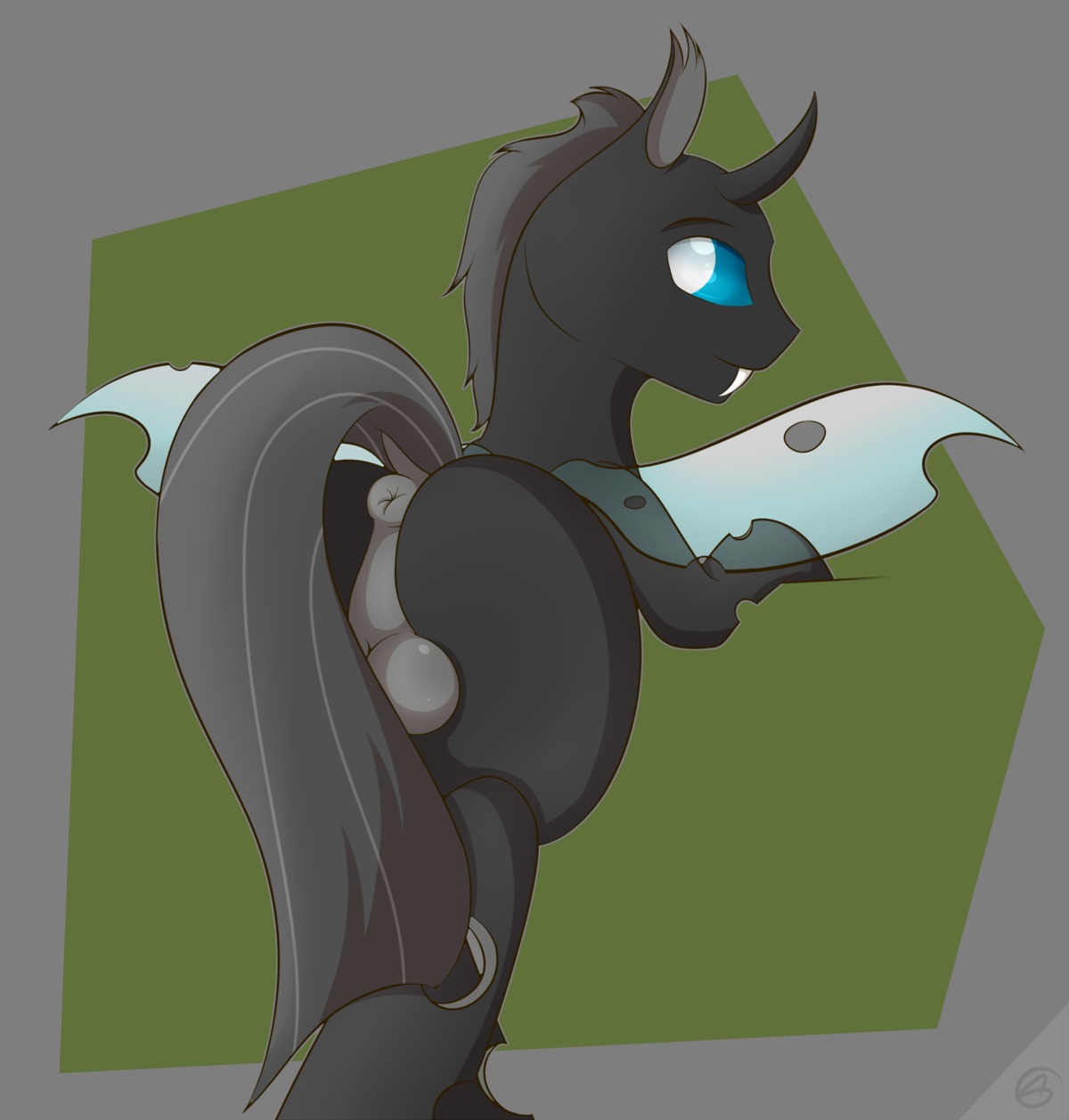 abstract_background alpha_channel anus arthropod backsack balls blue_eyes butt capseys changeling_(mlp) drone_(mlp) e621 fangs feral friendship_is_magic genitals hasbro hi_res horn insect_wings looking_at_viewer looking_back male mane my_little_pony simple_background smile solo teeth wings
