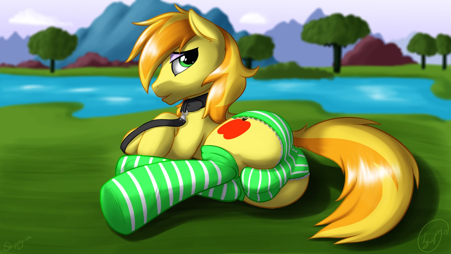 2013 balls_outline blonde_hair braeburn_(mlp) bulge clothed clothing crossdressing cutie_mark detailed_bulge e621 earth_pony equid equine feral footwear friendship_is_magic genital_outline green_eyes hair hasbro hi_res horse leash legwear looking_at_viewer male mammal my_little_pony panties pony skipsy socks solo stockings tail underwear