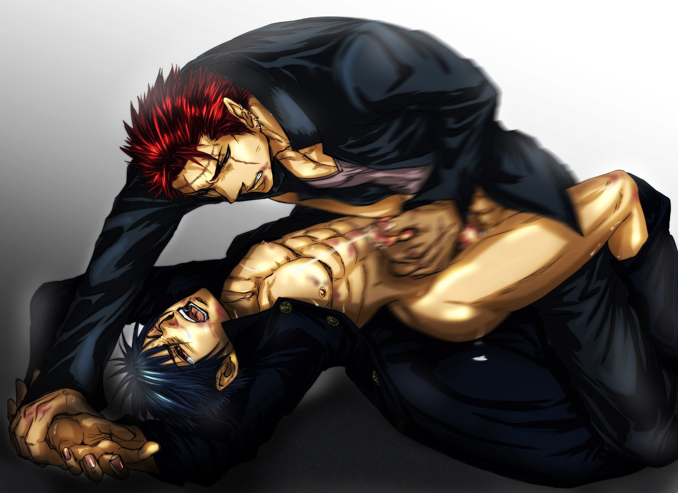 2boys abs anal arched_back black_jacket blue_hair bottomless boy_rape bruise cum cum_on_body cum_on_self cum_while_penetrated earring earrings ejaculation erect_nipples exposed_nipples forced_yaoi frottage gay handjob injury jewelry kneeling male male_nipples male_only male_rape_victim maledom malesub missionary_position motion_blur multiple_boys multiple_males nipples on_back one_closed_eye open_clothes open_mouth open_shirt pecs penis penis_pinch pinned pointy_ears rape red_eyes red_hair restrained rule34 scar school school_uniform schoolboy sex simple_background struggle struggling undressing uniform wince wink wrist_grab wrist_hold yaoi