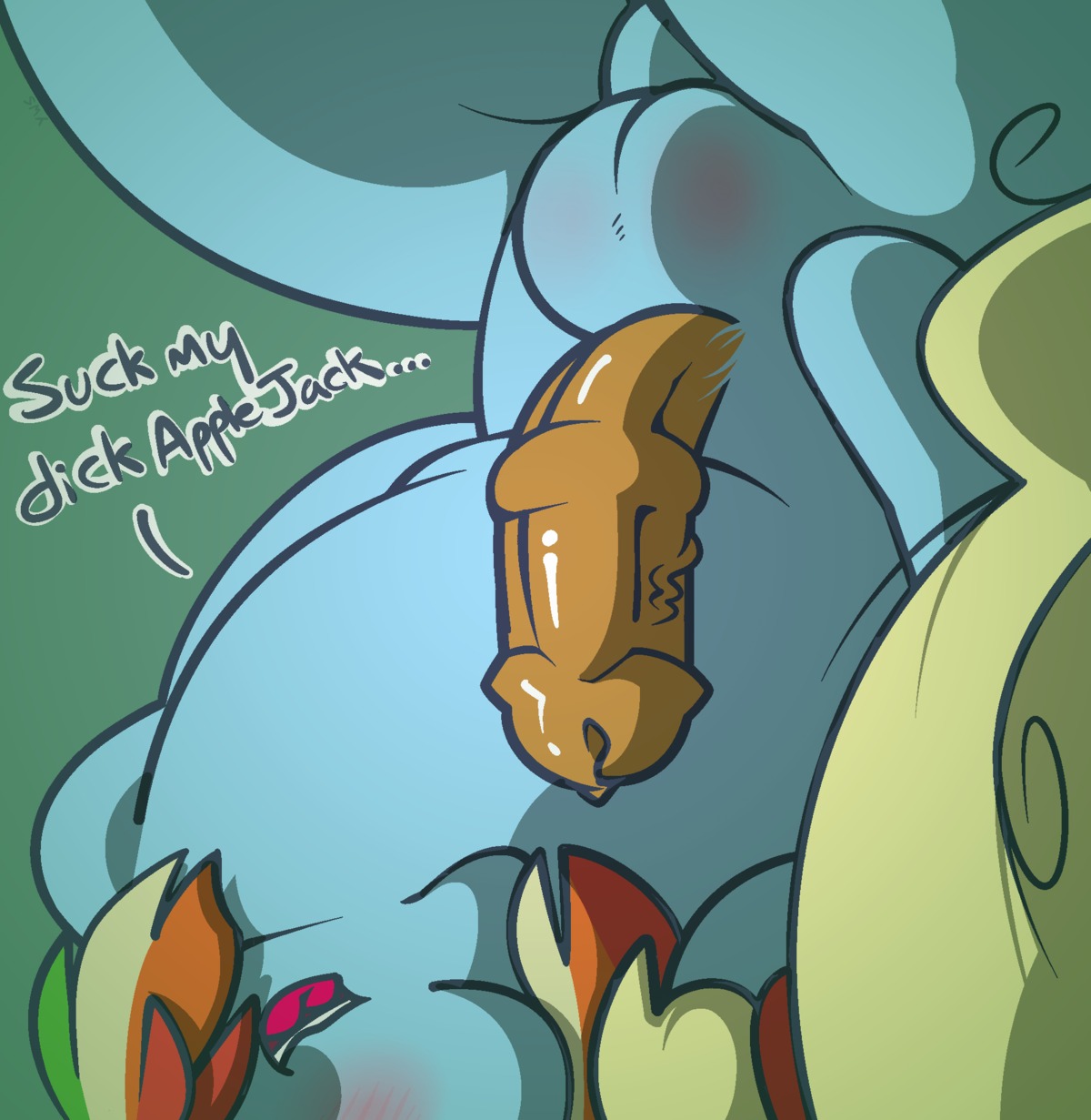 applejack_(mlp) balls blue_body blue_fur duo e621 earth_pony equid equine erection friendship_is_magic fur genitals gynomorph hair hasbro hi_res horse intersex mammal multicolored_hair my_little_pony penis pony rainbow_dash_(mlp) rainbow_hair youwannaslap