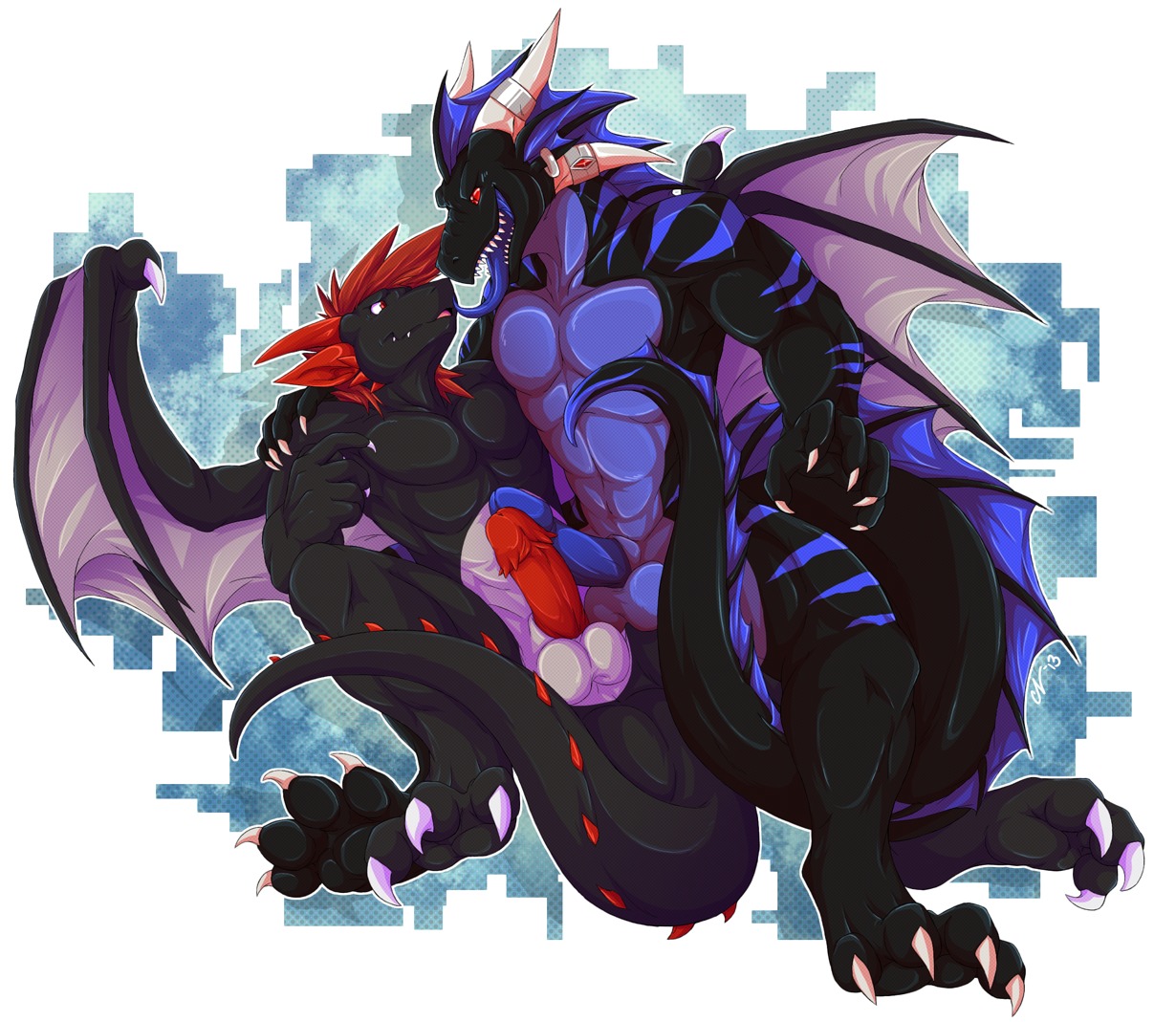 2013 abs abstract_background animal_genitalia anthro arm_around_shoulders athletic balls biceps big_penis black_body black_skin blue_body blue_penis blue_skin blue_tongue buck_(buckdragon) claws dominant dominant_male dragon duo e621 erection european_mythology fangs feet frottage genital_slit genitals hair hindpaw horn long_tongue looking_up lying male male/male male_on_bottom male_on_top markings membrane_(anatomy) membranous_wings muscular mythological_creature mythological_scalie mythology nude on_back on_bottom on_top open_mouth paws pecs penile penile_spines penis penises_touching pose red_eyes red_hair red_penis red_sclera reptile scales scalie sex sharp_teeth simple_background sitting spidersnax spikes straddling stripes tail teeth toe_claws toes tongue tongue_out western_dragon white_background wings wrath_(aerys)