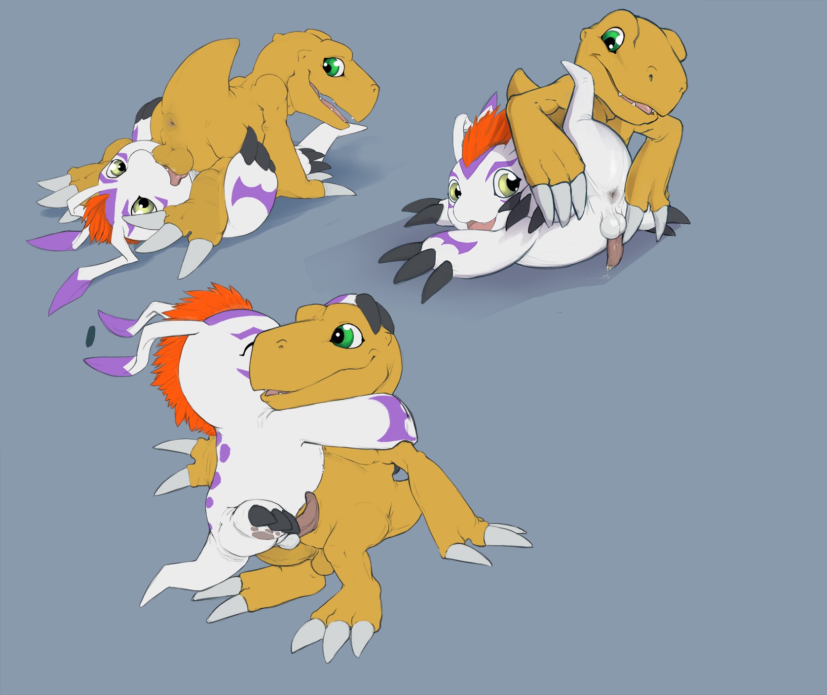 agumon anus backsack balls bandai_namco bodily_fluids butt digimon digimon_(species) duo e621 erection fellatio feral genital_fluids genitals gomamon green_eyes grey_background hair hi_res interspecies male male/male male_penetrated male_penetrating male_penetrating_male markings narse nude open_mouth oral oral_penetration orange_body orange_scales penetration penile penis precum purple_markings red_hair scales sex simple_background smile standing tail tongue white_body white_skin yellow_body yellow_eyes yellow_skin