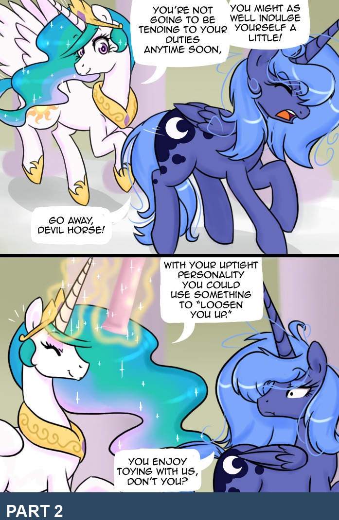 2014 blue_eyes blue_hair comic dialogue dildo duo e621 english_text equid equine feathered_wings feathers female feral friendship_is_magic hair hasbro horn long_hair loopend mammal multicolored_hair my_little_pony mythological_creature mythological_equine mythology pink_eyes princess_celestia_(mlp) princess_luna_(mlp) sex_toy smile text winged_unicorn wings young