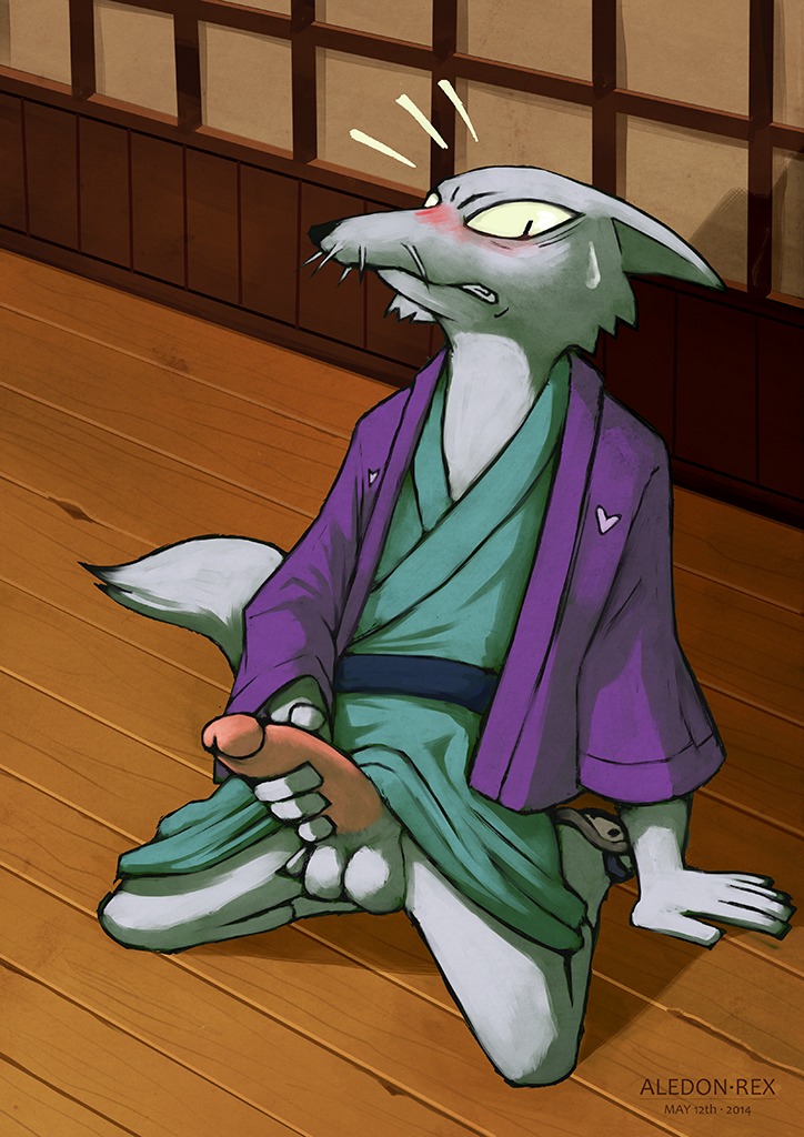 2014 aledonrex anthro asian_clothing balls biped blush bodily_fluids canid canine caught_in_the_act clothed clothing e621 east_asian_clothing embarrassed erection footwear fox fur gegege_no_kitaro genitals hakusanbou heart_symbol humanoid_genitalia humanoid_penis inside japanese_clothing kimono kneeling looking_at_viewer male mammal masturbation partially_clothed penile penile_masturbation penis sandals shoes sitting solo sweat teeth