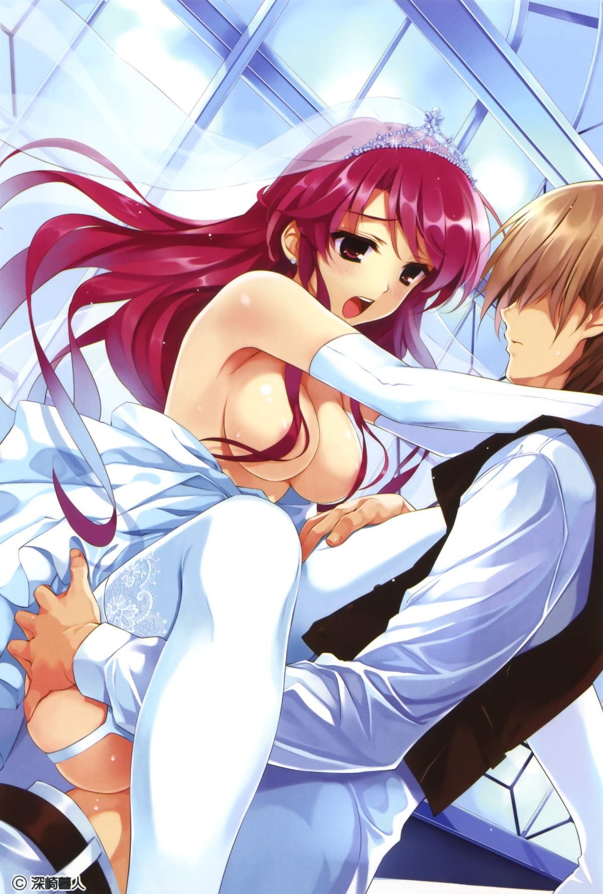 ass ass_grab bare_shoulders blush breasts bridal_veil bride censor_hair censored convenient_censoring dress elbow_gloves female garter_belt gloves hair_ornament hair_over_breasts happy_sex highres jewelry leg_lock legs long_hair misaki_kurehito no_bra no_panties open_mouth original pussy red_eyes red_hair rule34 sex skirt smile thighhighs topless vaginal_penetration veil wedding_dress white_legwear white_thighhighs