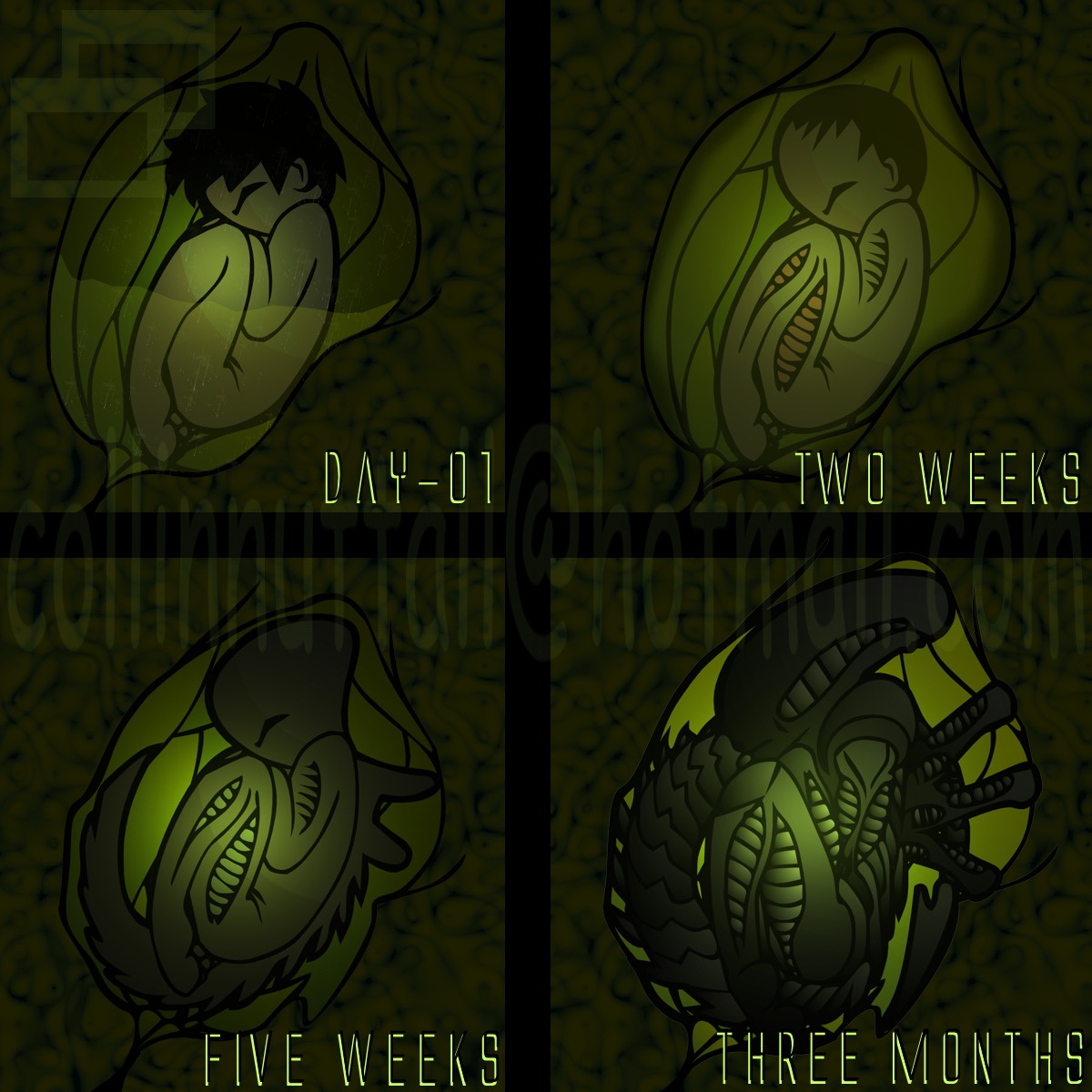 1:1 2010 alien alien_(franchise) ambiguous_gender base_two_layout basic_sequence body_inside_body curled_up digital_media_(artwork) duo e621 eyeless female fetal_pose four_frame_image four_frame_sequence grid_layout hi_res human inside_uterus internal mammal restricted_palette row_two_layout sequence size_difference slushy solo_focus species_transformation tail transformation transformation_sequence transformation_through_vore unbirthing uterus vaginal vore xenomorph