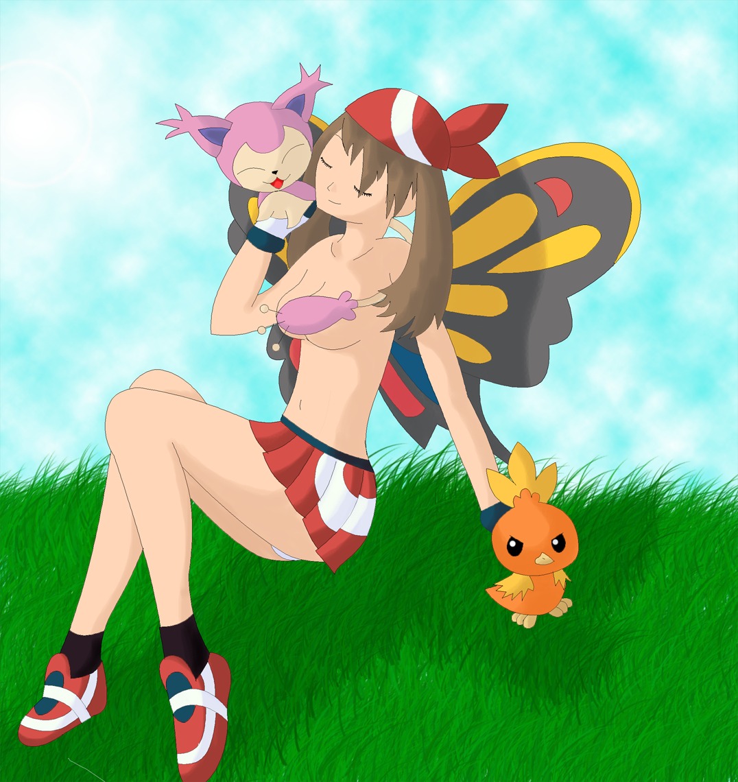 1girls alexisrendell beautifly brown_hair female human may_(pokemon) nintendo outdoors pok&eacute;mon_(species) pokemon pokemon_(species) pokemon_rse rule34 skitty topless torchic