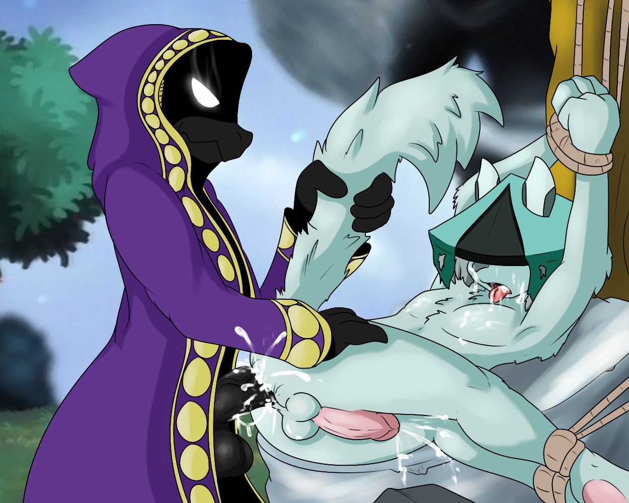 2014 5:4 anal anal_penetration anthro backsack balls bdsm big_balls big_penis black_penis bodily_fluids bondage bound butt canid canine canis clothing cum cum_in_ass cum_inside dark_body dark_skin dominant dominant_male duo dust:_an_elysian_tail dust_(elysian_tail) e621 erection genital_fluids genitals glowing glowing_eyes hat headgear headwear interspecies lizard male male/male male_penetrated male_penetrating male_penetrating_male mammal merchant moonblood obscured_eyes open_mouth outside penetration penis plant reptile robe rope scalie sereth sex shadow_face starit submissive submissive_male tail tail_grab tail_pull tongue tongue_out tree wolf