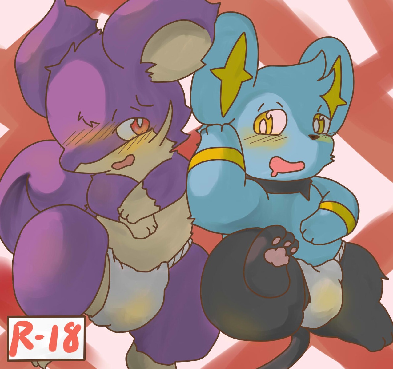 2014 3_fingers 3_toes asian_clothing black_nose blush bodily_fluids clothing duo e621 east_asian_clothing feet felid feral fingers fundoshi generation_1_pokemon generation_4_pokemon genital_fluids half-closed_eyes hi_res japanese_clothing male mammal narrowed_eyes nintendo open_mouth pawpads paws pokemon pokemon_(species) rattata red_eyes rige rodent shinx smile toes underwear urine wet wet_clothing yellow_eyes