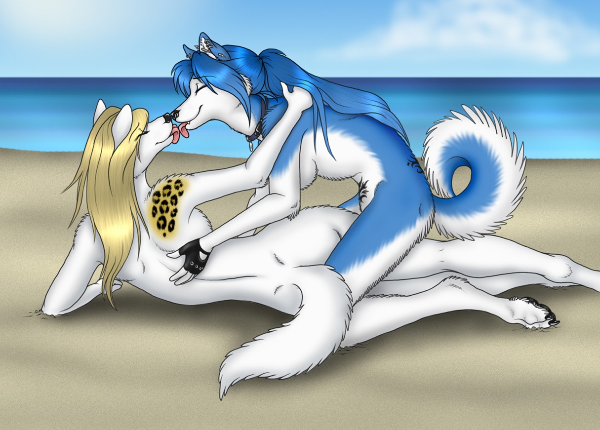 anthro anthro_on_anthro barefoot beach belly black_claws black_clothing black_gloves black_handwear black_nose black_pawpads blonde_hair blue_body blue_fur blue_hair breasts butt canid canine canis chiro_ookami claws clothing cloud collar collar_only collar_tag day detailed_background domestic_dog duo e621 ear_piercing eyebrows eyelashes eyes_closed featureless_breasts feet female female/female female_on_bottom female_on_top fingerless_gloves fluffy fluffy_tail french_kissing fur gloves hair handwear hug hugging_another humanoid_hands husky industrial_piercing katrina_(khanaar) kissing kneeling licking licking_tongue long_hair lying mammal markings multicolored_body multicolored_fur nordic_sled_dog nude nude_beach on_bottom on_side on_top outside pawpads paws piercing pink_tongue ponytail romantic romantic_couple sand seaside side_boob sky slim smile spitz spots spotted_body spotted_fur tail tattoo teeth toe_claws tongue tongue_out water white_belly white_body white_fur wolf
