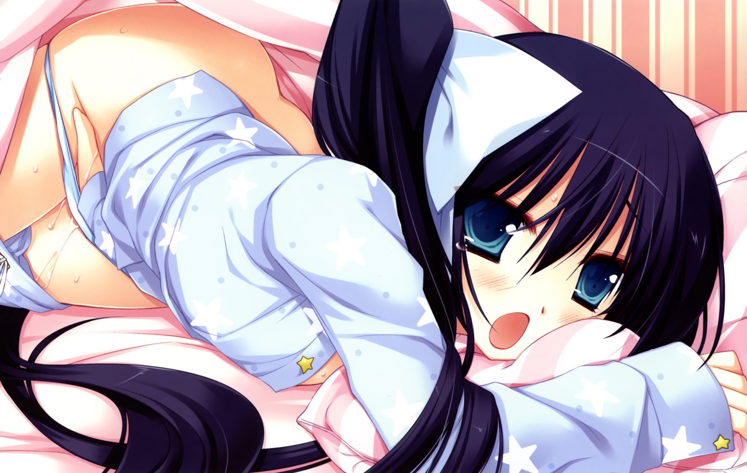 bed black_hair blue_eyes female masturbation miyasu_risa original pajamas pussy pussy_juice rule34