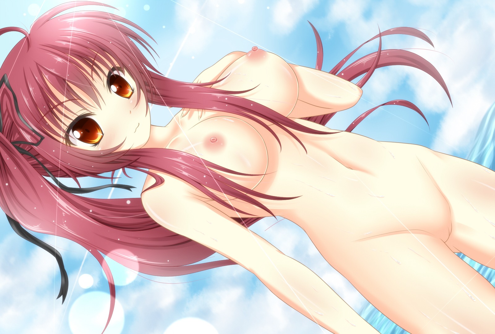 akane_miu blush breasts clouds dutch_angle erect_nipples female hair_ribbon long_hair nipples nude orange_eyes original pussy red_hair rule34 sky uncensored water wet