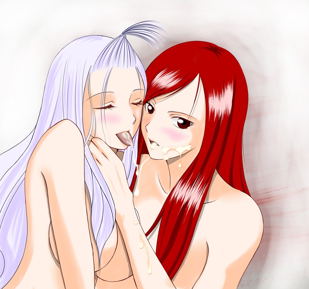2girls blush breasts closed_eyes cum cum_in_mouth erza_scarlet facial fairy_tail female large_breasts long_hair marishiten mirajane_strauss multiple_females multiple_girls nude open_mouth purple_hair red-haired_female red_eyes red_hair rule34 tongue tongue_out white-haired_female white_hair yuri