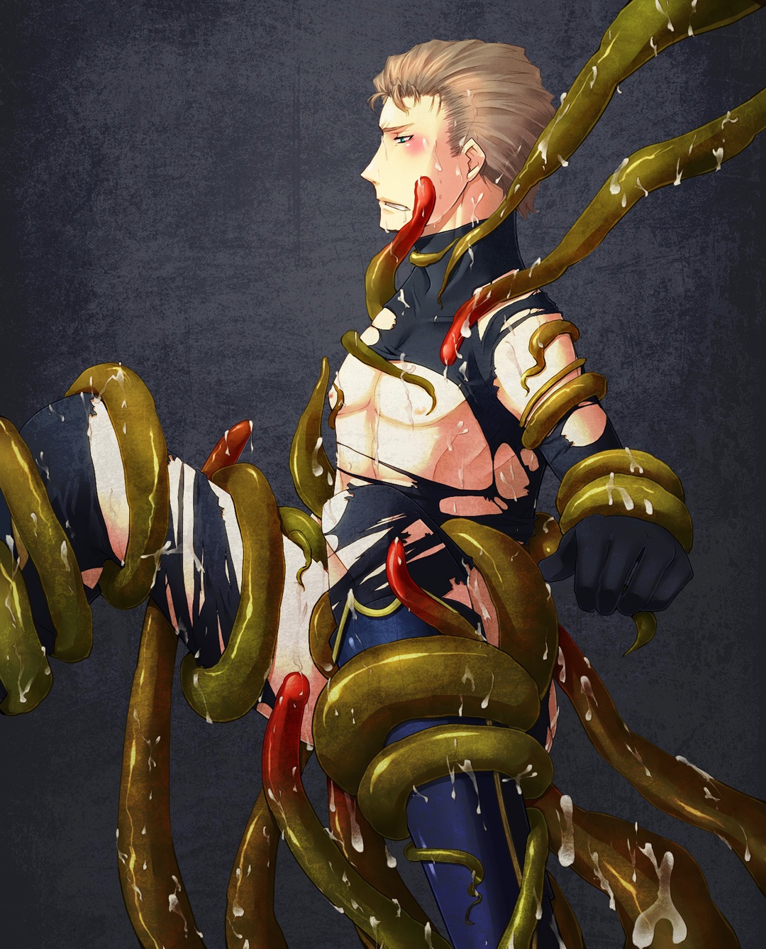 1boy aqua_eyes artist_request blush brown_hair cum cum_drip cum_everywhere cum_on_boy final_fantasy final_fantasy_vi legs_held_open male male_nipples male_only nipples pecs rape restrained rule34 shadow_(clyde) shadow_(final_fantasy_vi) tentacle tentacle_on_male torn_clothes