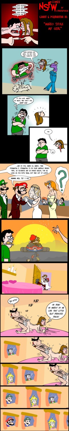 breasts brown_hair clothes color comic cybersponge edit facial_hair female hair human luigi male malleo mario mario_(series) meme moustache nintendo nsfwcomix parody princess_peach rule34 sex straight straight_hair super_mario_bros. weegee