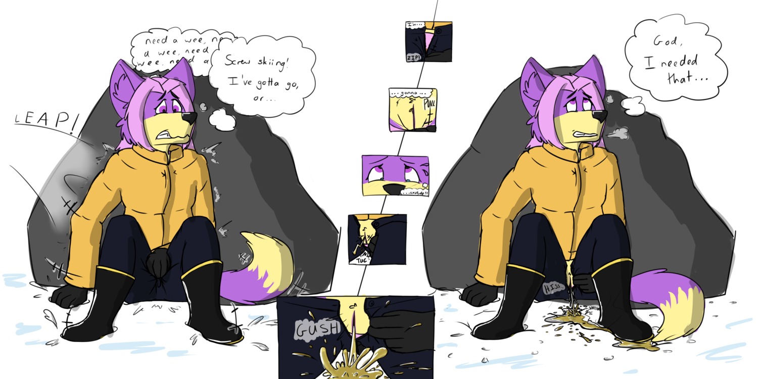 2:1 absurd_res anthro biped bodily_fluids breath canid canine clothing e621 english_text female fox fur genital_fluids genitals hi_res hiding lexpads mammal omorashi outside peeing purple_body purple_fur rock sitting snow solo sound_effects stealth_peeing text thought_bubble urine vulva yellow_snow