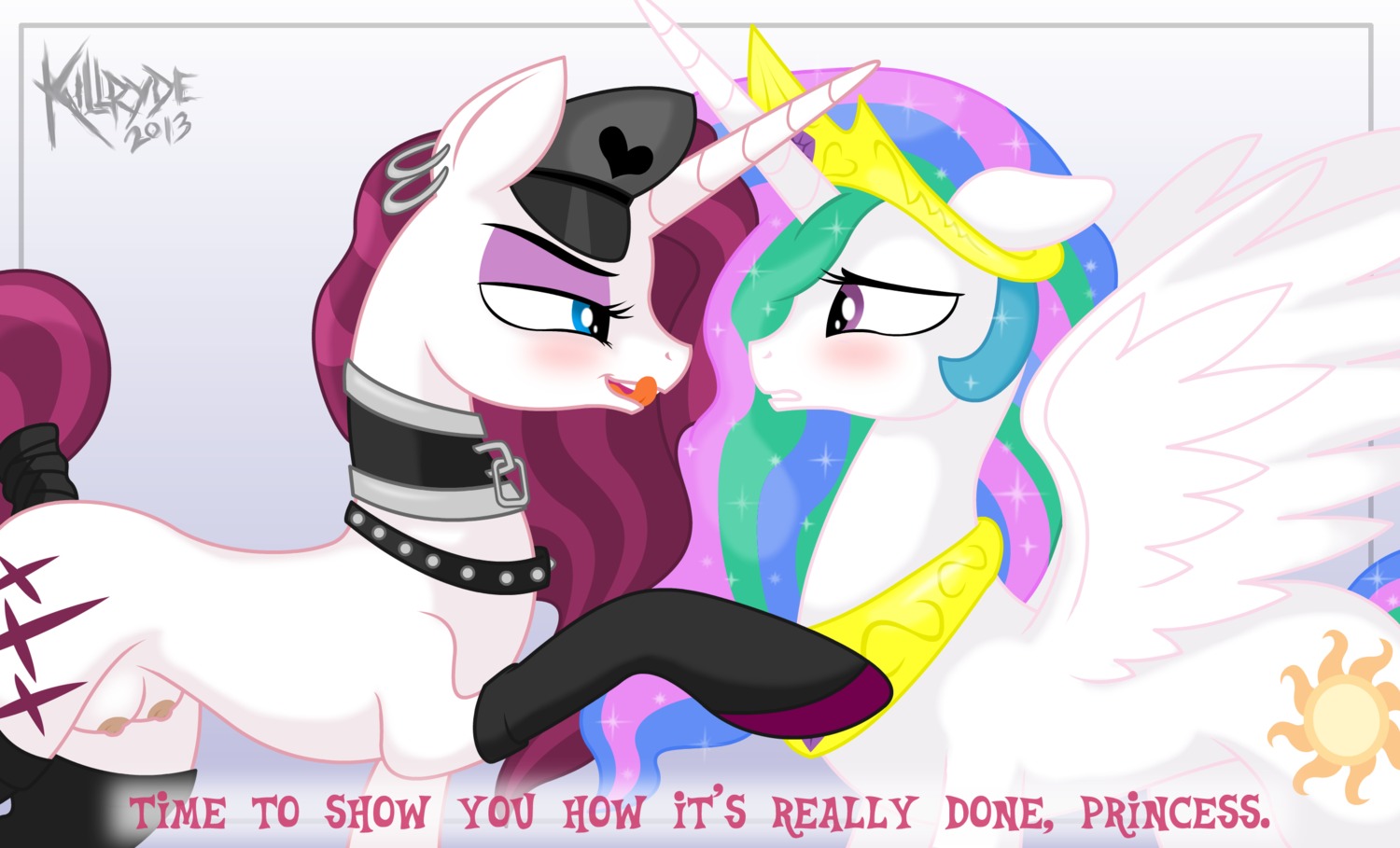 2013 areola bedroom_eyes blue_eyes blush clothing collar crown cutie_mark duo e621 ear_piercing english_text equid equine erect_nipples eye_contact fan_character feathered_wings feathers female feral friendship_is_magic hair half-closed_eyes hasbro hat headgear headwear heart_symbol hi_res horn killryde licking licking_lips long_hair looking_at_another mammal multicolored_hair my_little_pony mythological_creature mythological_equine mythology narrowed_eyes nipples piercing pink_eyes princess_celestia_(mlp) red_light_(oc) seductive self_lick smile teats text tiara tongue tongue_out two_tone_hair unicorn wing_boner winged_unicorn wings