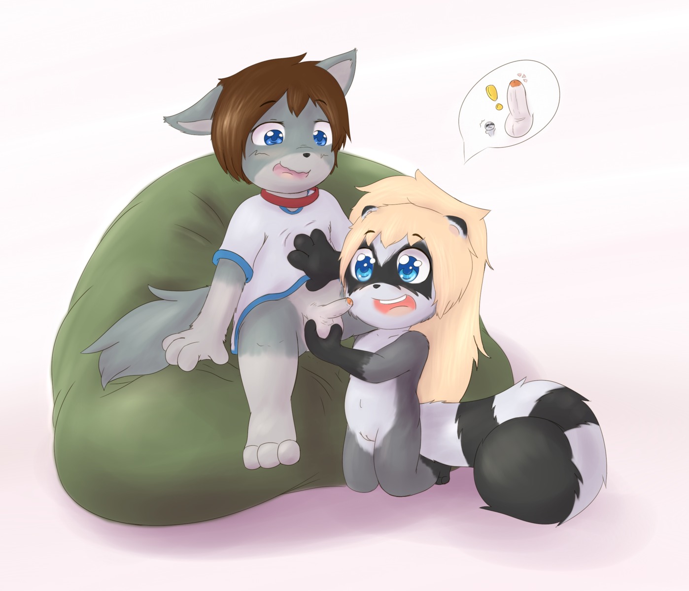 anthro ball_fondling balls blonde_hair blue_eyes bottomless brown_hair canid canine canis clothed clothing domestic_dog duo e621 erection female fondling genitals hair hi_res ketsa male male/female mammal nude open_mouth penis procyonid raccoon simple_background vulva white_background young young_anthro