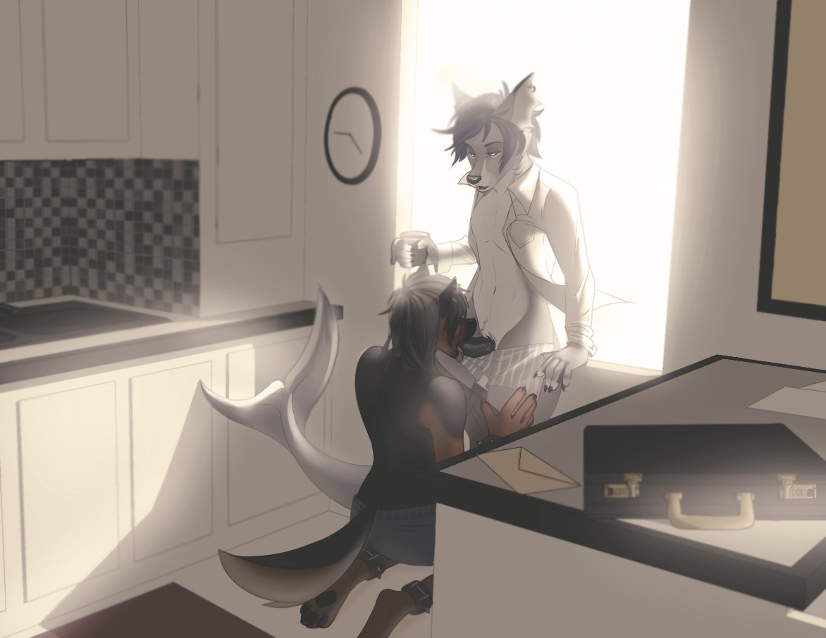 2013 afevis_(character) anthro aquatic beverage big_butt black_body black_fur black_hair black_nose boxers_(clothing) brown_body brown_fur butt canid canine canis claws clock clothed clothing coffee domestic_dog duo e621 ear_piercing erection feet fellatio femboy fionafortunecookie fish food fur genitals german_shepherd hair herding_dog hindpaw humanoid_genitalia humanoid_penis hybrid keller_(kellervo) kitchen kneeling kneeling_oral_position licking male male/male male_penetrated male_penetrating male_penetrating_male mammal morning morning_wood nude open_mouth oral oral_penetration pastoral_dog pattern_clothing pattern_underwear paws penetration penile penis piercing sex shark shirt standing striped_clothing striped_underwear stripes suitcase tongue tongue_out topless topwear underwear white_body white_fur wolf