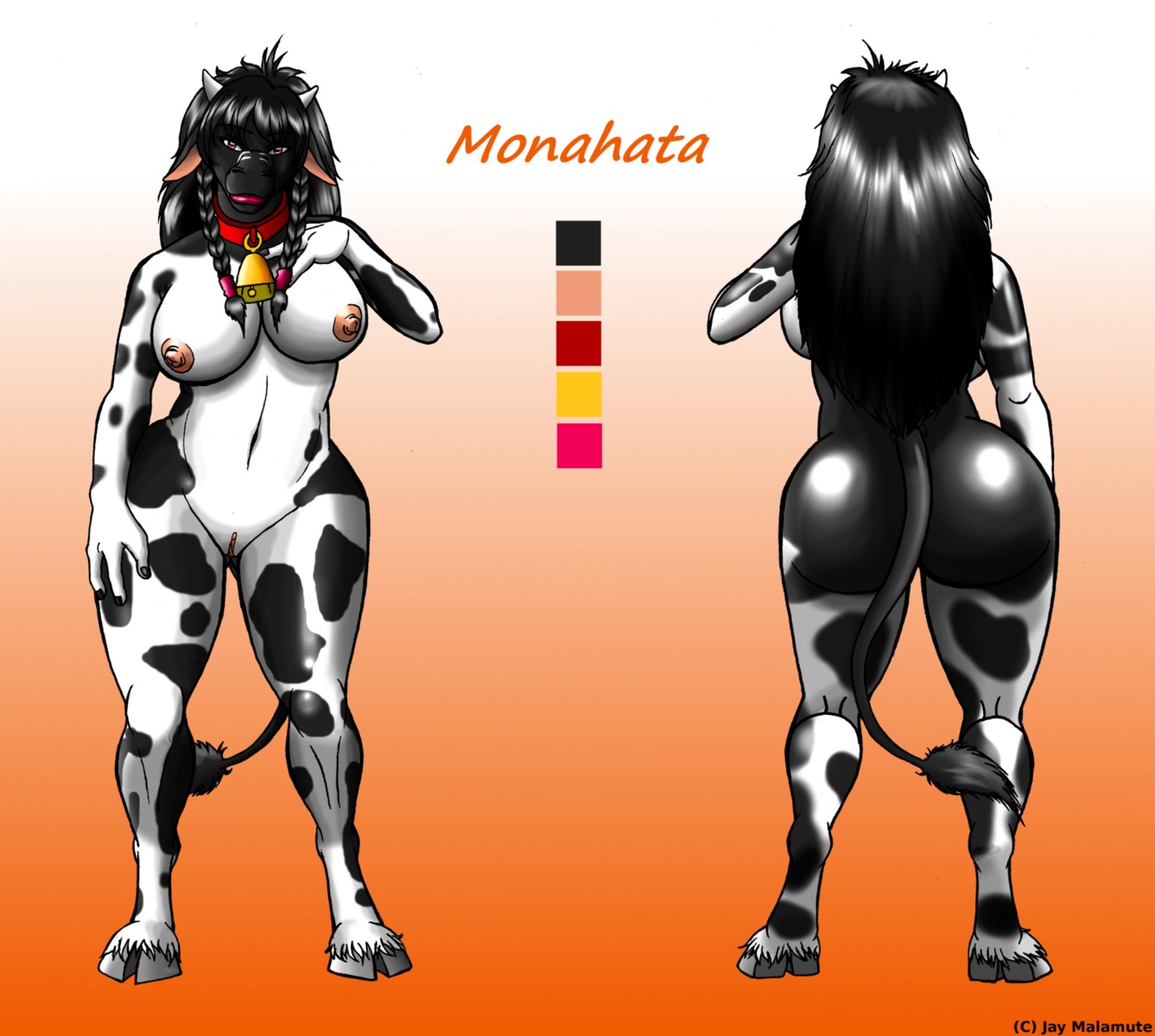 anthro blizzard_entertainment bovid bovine breasts butt choker collar color_swatch cowbell digital_media_(artwork) e621 female full-length_portrait hi_res jay_malamute jewelry looking_at_viewer mammal model_sheet necklace nude portrait solo tauren warcraft