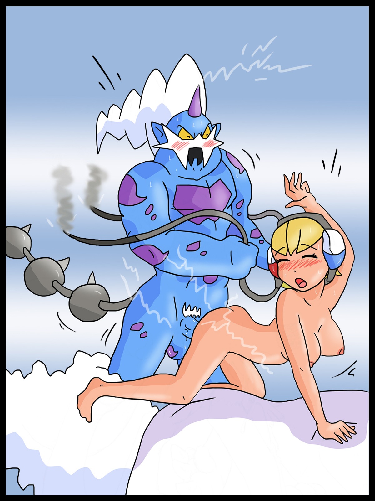 1boy 1girls blush closed_eyes doggy_style elesa_(pokemon) elesa_(pokemon_bw) female hikozarulove human interspecies male pokemon pokemon_(species) pokephilia rule34 sex straight thundurus