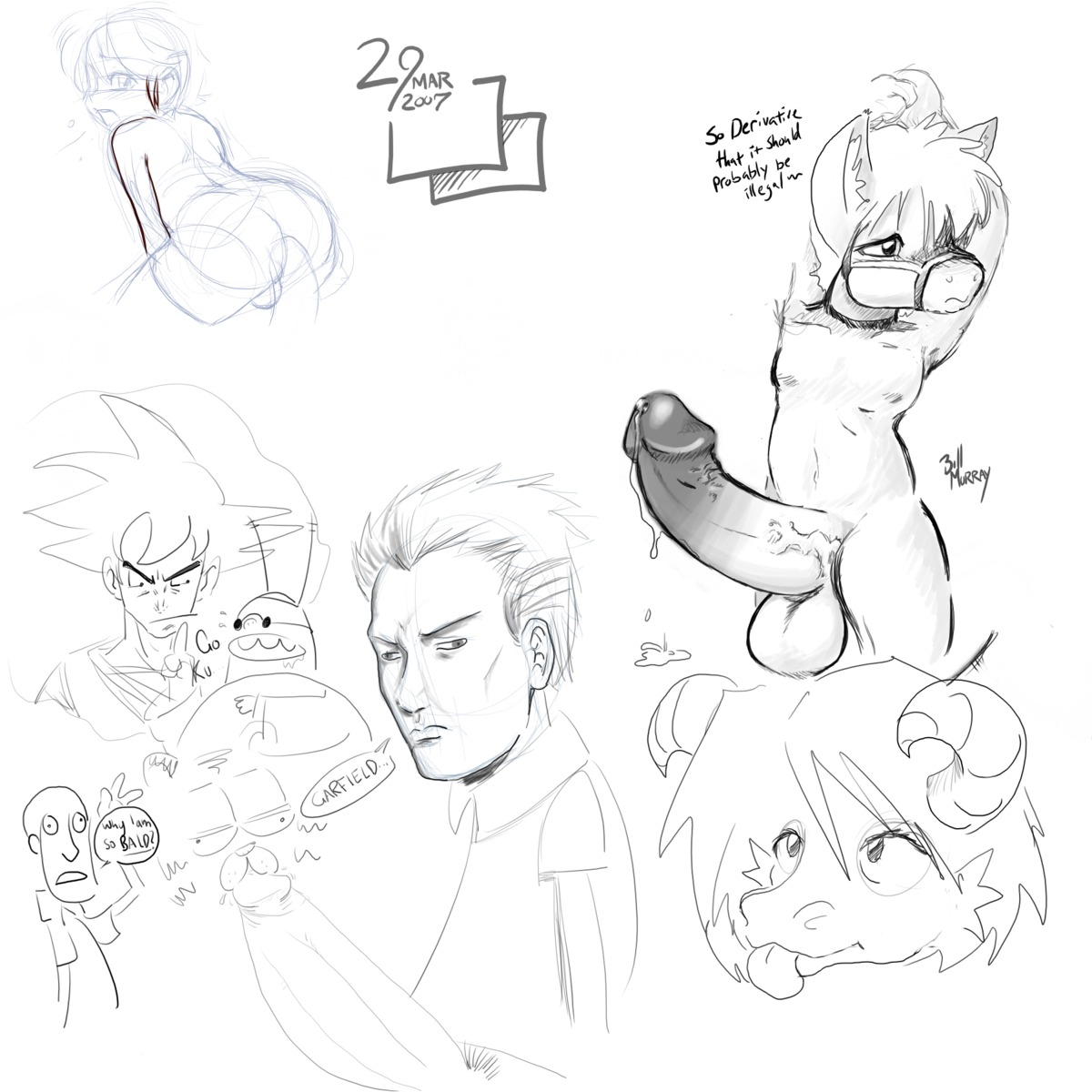 1:1 2007 anthro artacus black_and_white bottomless clothed clothing dated dialogue digital_drawing_(artwork) digital_media_(artwork) domestic_cat dragon dragon_ball duo e621 english_text equid equine erection felid feline felis garfield_(series) garfield_the_cat genitals greyscale hi_res horse human humanoid humanoid_genitalia humanoid_penis jig machine male male_human mammal monochrome multiple_images mythological_creature mythological_scalie mythology nobuyuki nude penis pony robot saiyan scalie sketch sketch_page solo speech_bubble text