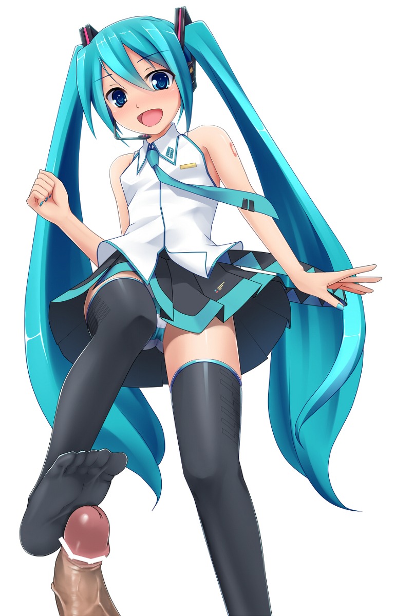1boy 1girl aqua_eyes aqua_hair bar_censor blue_eyes blush censored curved_to_the_right_penis feet female footjob happy hatsune_miku headset hetero long_hair male nail_polish necktie open_mouth panties pantyshot penis rule34 simple_background skirt smile solo_focus striped striped_panties thighhighs twintails underwear upskirt very_long_hair vocaloid white_background zettai_ryouiki