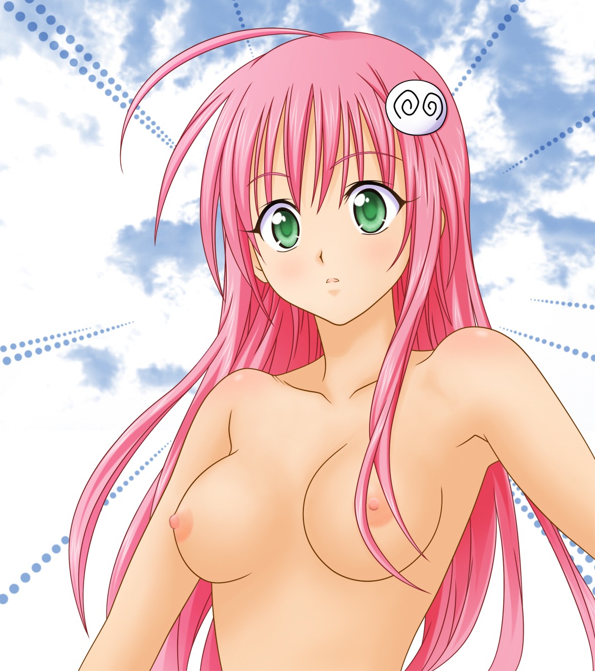 artist_request breasts female green_eyes highres lala_satalin_deviluke nipples nude peke pink_hair rule34 small_breasts to_love-ru