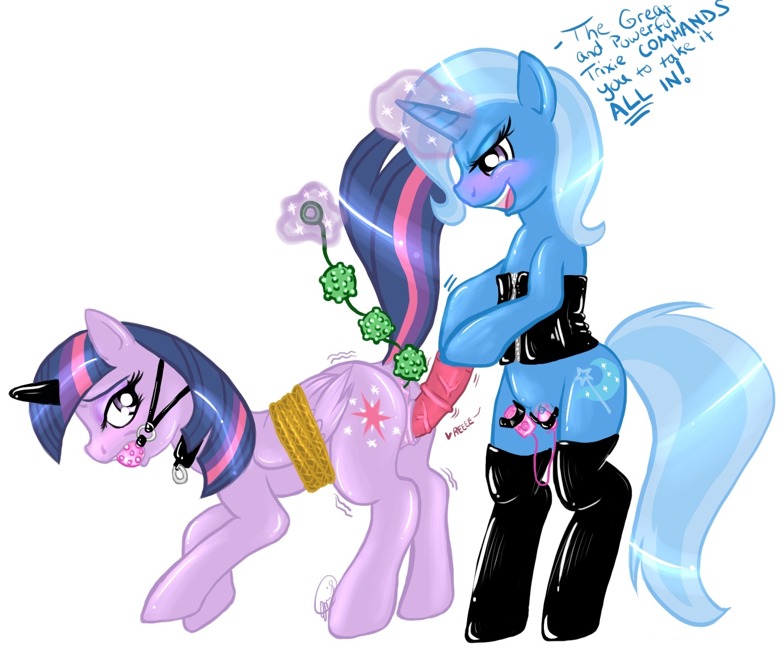 2013 anal anal_beads anal_penetration anus ball_gag blue_body blue_fur blue_hair blush bound cutie_mark dialogue dildo dominant dominant_female duo e621 english_text equid equine erochibi feathered_wings feathers female female/female feral friendship_is_magic fur gag gagged genitals hair hasbro hi_res horn magic magic_inhibitor mammal multicolored_hair my_little_pony mythological_creature mythological_equine mythology open_mouth penetration purple_body purple_eyes purple_feathers purple_fur purple_hair rope sex sex_toy simple_background standing submissive submissive_female teats text toying_partner trixie_(mlp) twilight_sparkle_(mlp) two_tone_hair unicorn vaginal vibrator vulva white_background winged_unicorn wings