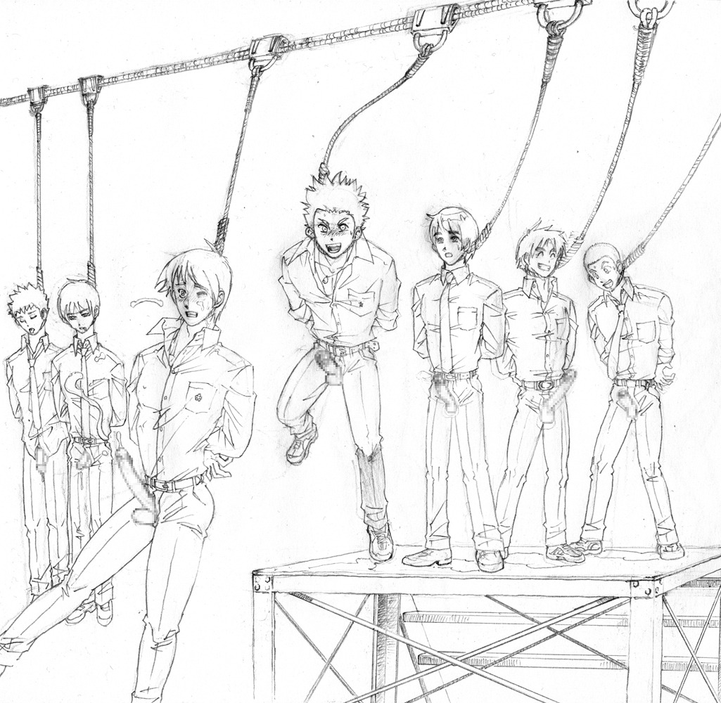 2008 6+boys asphyxiation censored cum death ejaculation erection execution gay gokkoseppuku group group_hanging hanged human male male_death male_only male_ryona monochrome noose penis rule34 school_uniform what yaoi