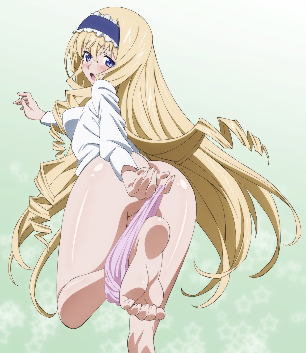 blonde_hair blue_eyes blush cecilia_alcott censored convenient_censoring curly_hair drill_hair feet female hairband infinite_stratos legs long_hair mokke panties panties_around_leg rule34 solo very_long_hair
