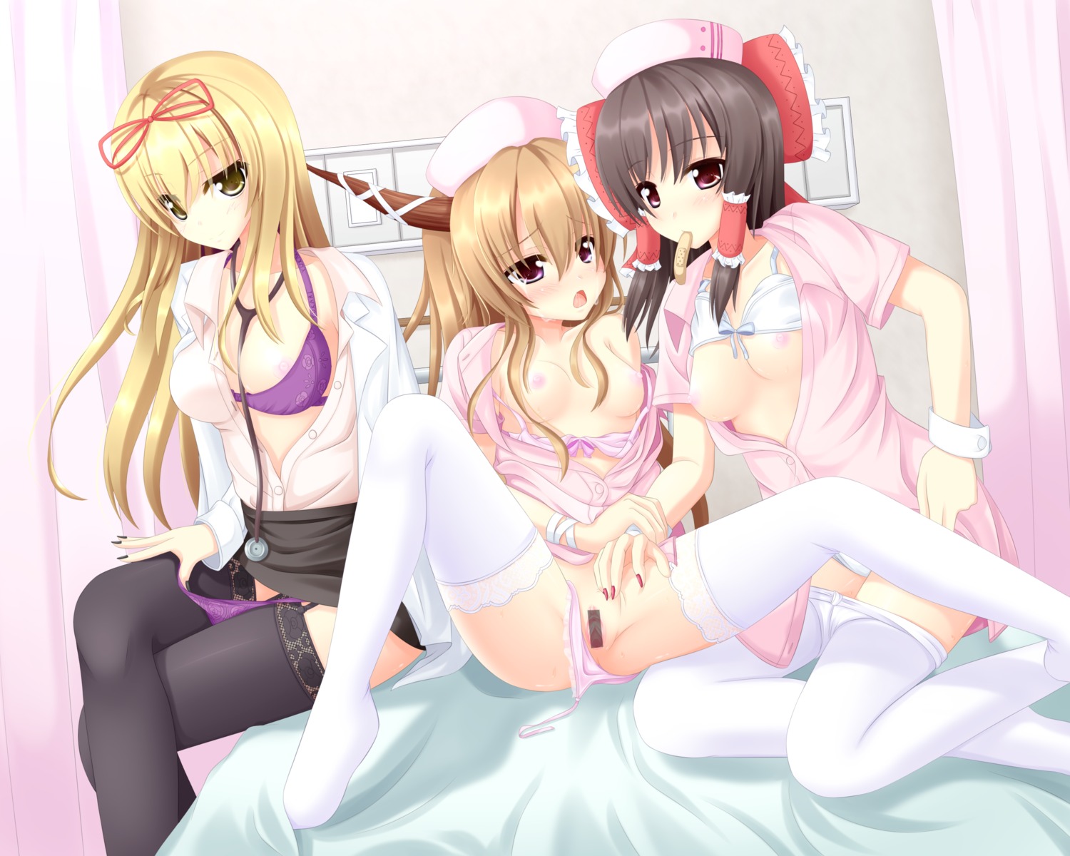 bandaid black_hair black_legwear black_skirt black_thighhighs blonde_hair bow bra bra_lift censored crossed_legs doctor dress dress_lift female garter_belt hairbow hat highres horns legs legs_crossed lingerie long_hair miniskirt mouth_hold nail_polish nurse nurse_cap open_clothes open_shirt panties panty_pull pencil_skirt pink_dress purple_eyes pussy reimu_hakurei rule34 shirt sitting skirt skirt_lift spread_legs spread_pussy stethoscope suika_ibuki thighhighs touhou underwear white_legwear white_thighhighs yellow_eyes yoye_(pastel_white) yukari_yakumo yuri