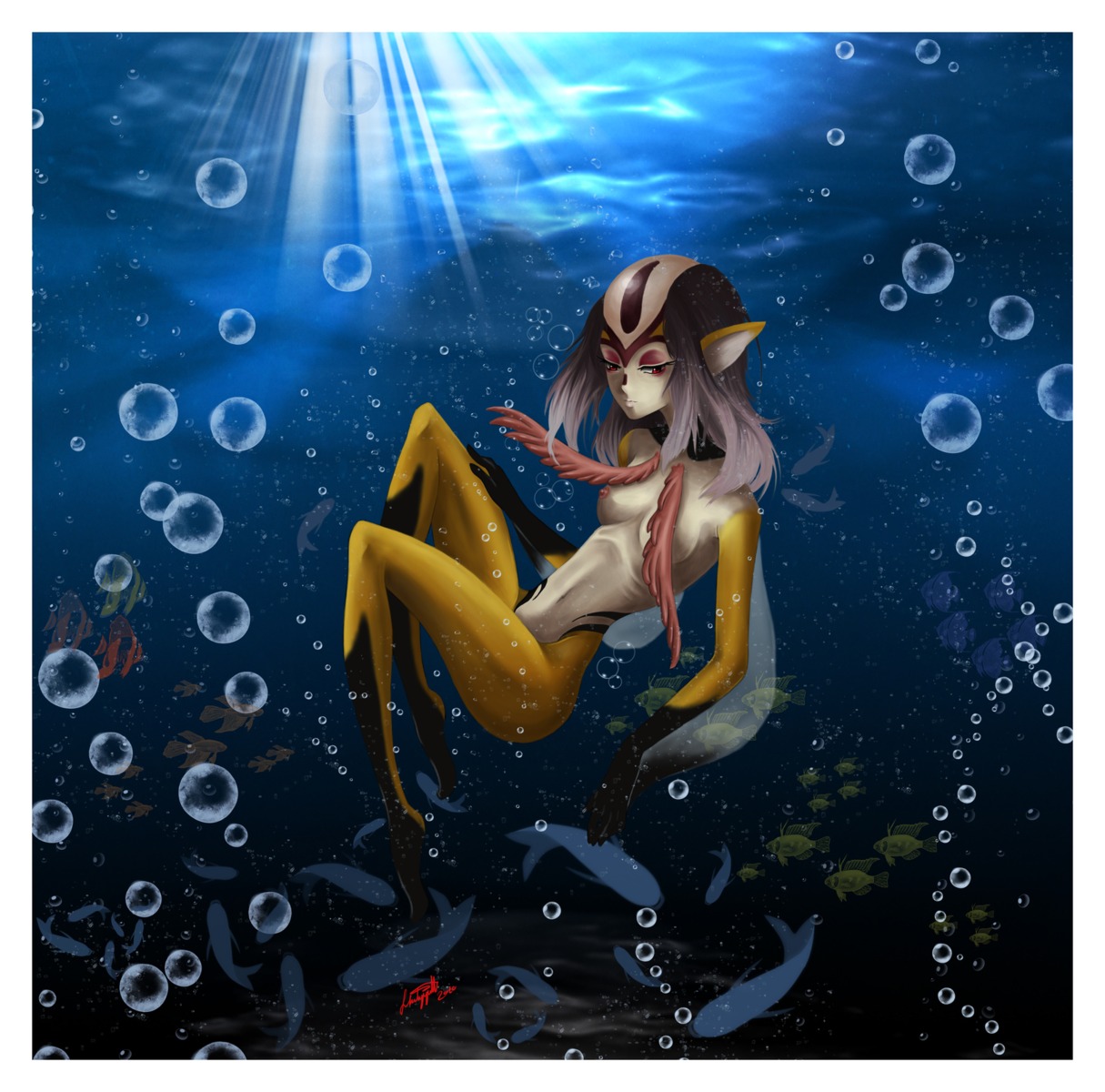 1girls blue_submarine_no._6 breasts female grey_hair humanoid long_hair marine mutio rule34 solo underwater yellow_skin
