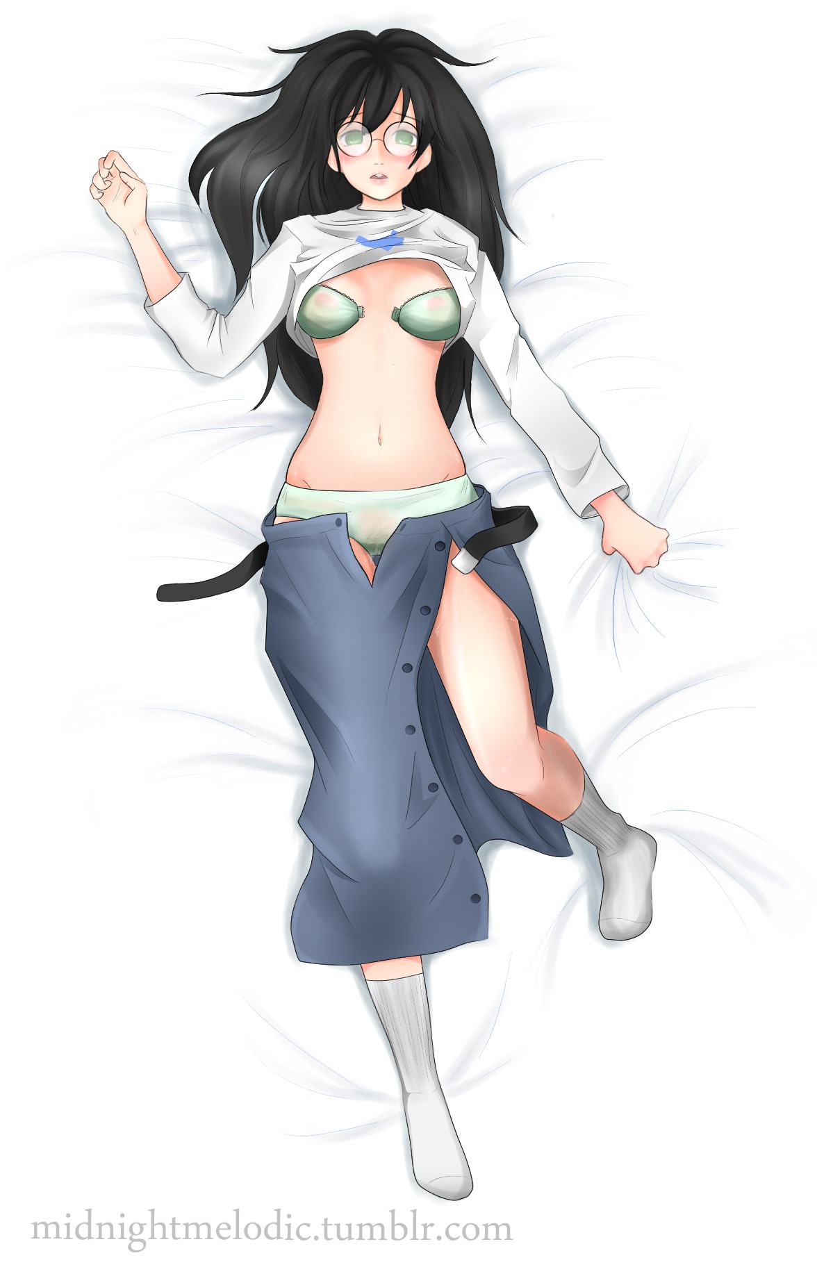 1girls bed_sheet black_hair bra breasts buckteeth female glasses green_eyes homestuck jade_harley long_hair looking_at_viewer midnightmelodic ms_paint_adventures panties rule34 sheet_grab shirt_lift skirt solo source_request white_skin