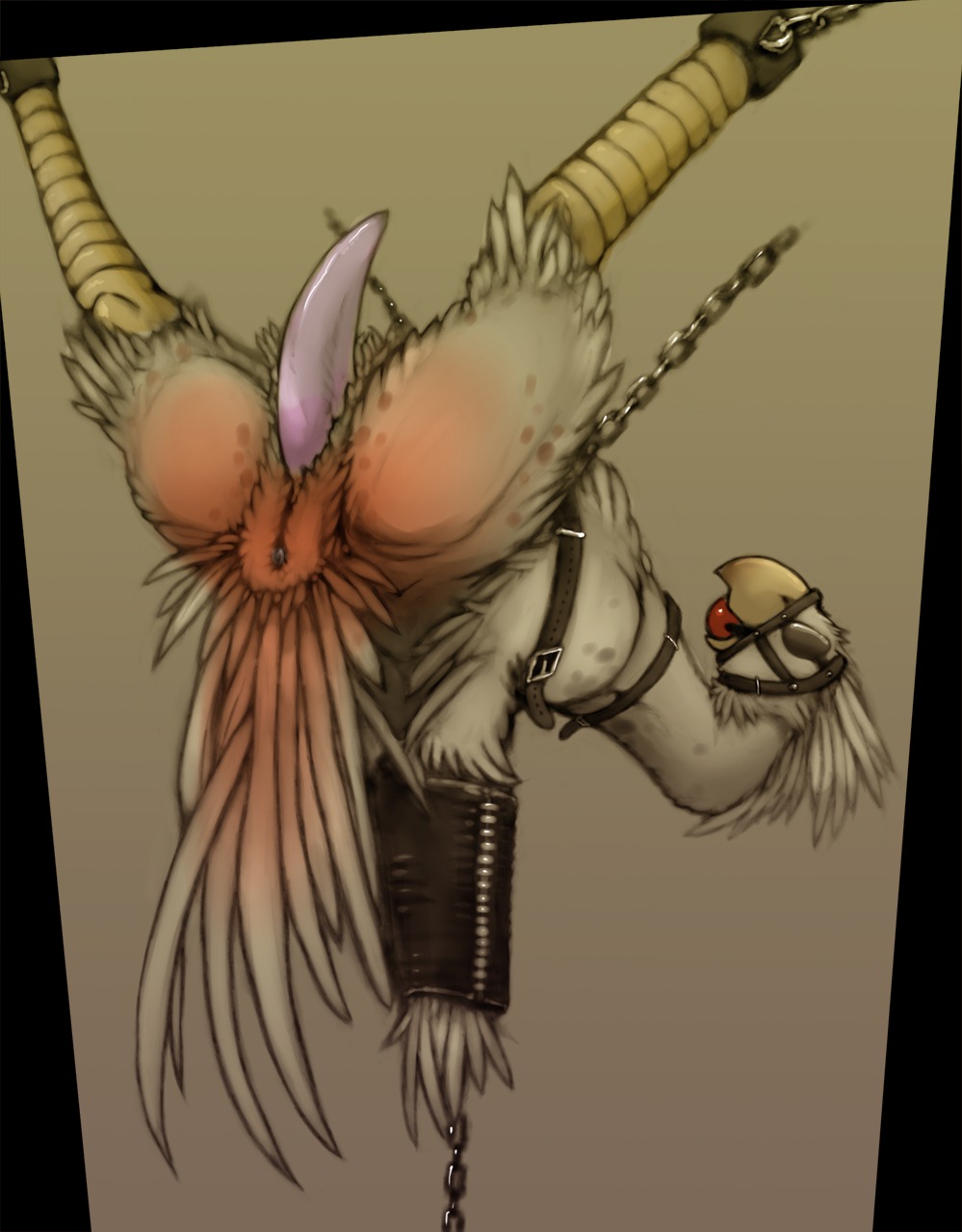 anus avian ball_gag bdsm beak belt bird blindfold bondage bound butt chain chocobo e621 erection feathered_wings feathers feral final_fantasy gag gagged genitals halter harness harness_ball_gag harness_gag hi_res male morca muzzle_(object) muzzled penis presenting solo square_enix submissive submissive_male suspension tail tail_feathers tapering_penis upside_down wings