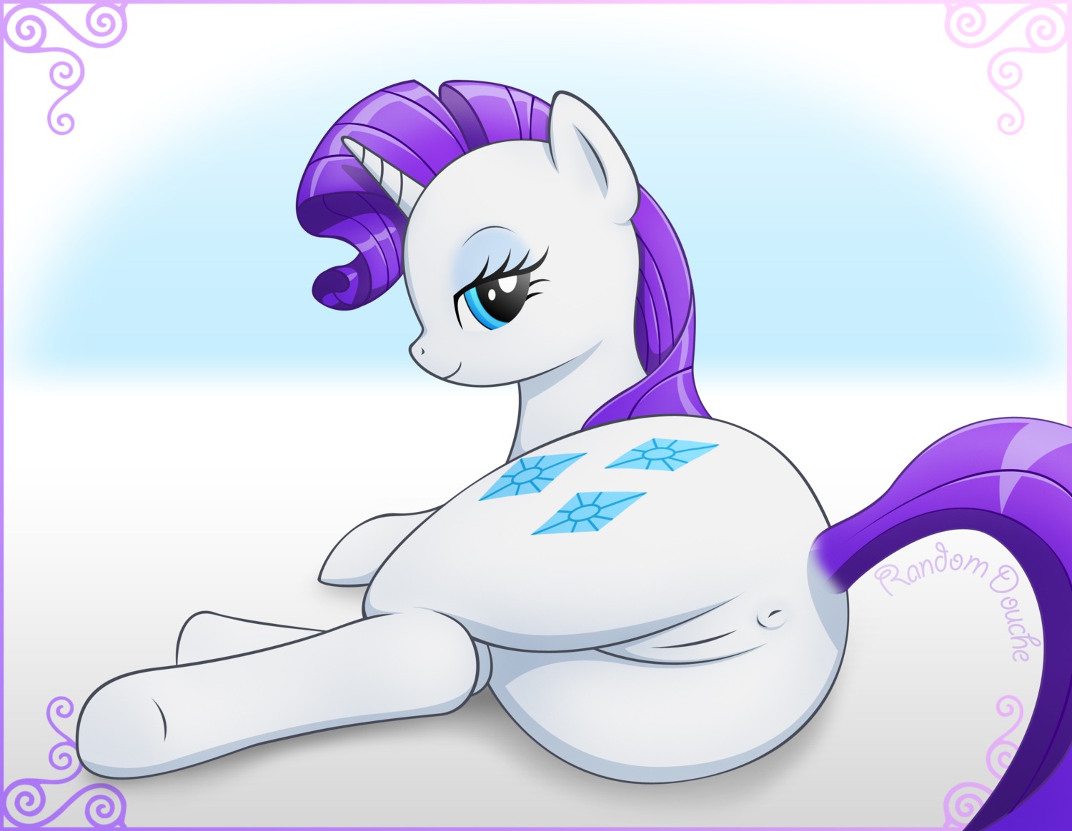 2012 anus blue_eyes blue_eyeshadow butt cutie_mark e621 equid equine eyeshadow female feral friendship_is_magic fur genitals grispinne hair hasbro hi_res horn long_hair looking_at_viewer looking_back makeup mammal my_little_pony mythological_creature mythological_equine mythology presenting purple_hair quadruped rarity_(mlp) simple_background solo tail unicorn vulva white_body white_fur