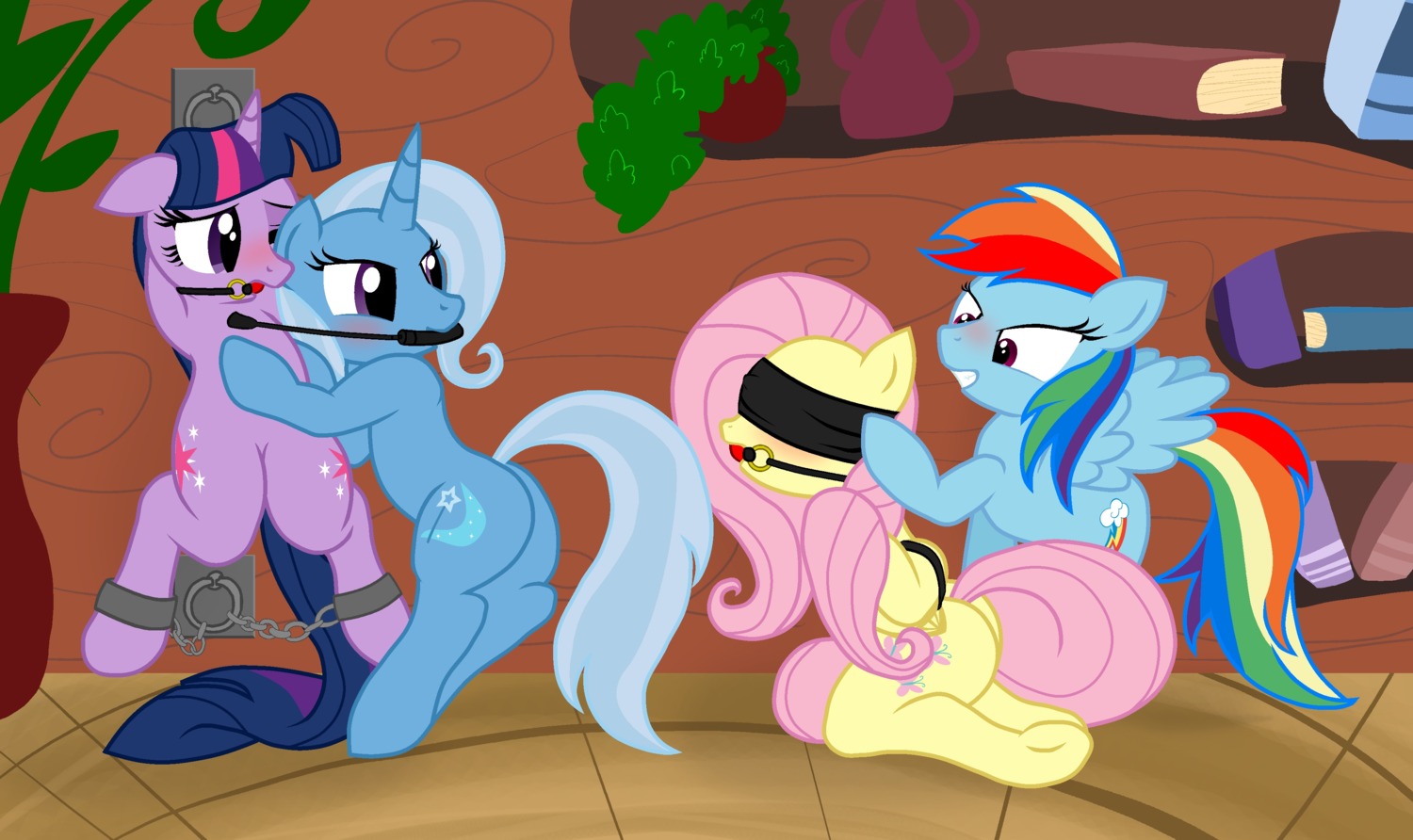 absurd_res ball_gag bdsm blindfold blue_body blue_feathers blue_fur blue_hair blush bondage book bound butt_slap cuff_(restraint) cutie_mark dominant dominant_female e621 equid equine feathered_wings feathers female female/female feral fluttershy_(mlp) friendship_is_magic fur gag gagged group hair hands_behind_back hasbro hi_res hooves horn kneeling looking_back mammal multicolored_hair multicolored_tail my_little_pony mythological_creature mythological_equine mythology pegasus pink_hair purple_body purple_eyes purple_fur purple_hair pyruvate rainbow_dash_(mlp) rainbow_hair rainbow_tail rape_face red_eyes restraints riding_crop shackles slap spanking submissive submissive_female tail trixie_(mlp) twilight_sparkle_(mlp) two_tone_hair underhoof unicorn whip wing_boner wings yellow_body yellow_feathers