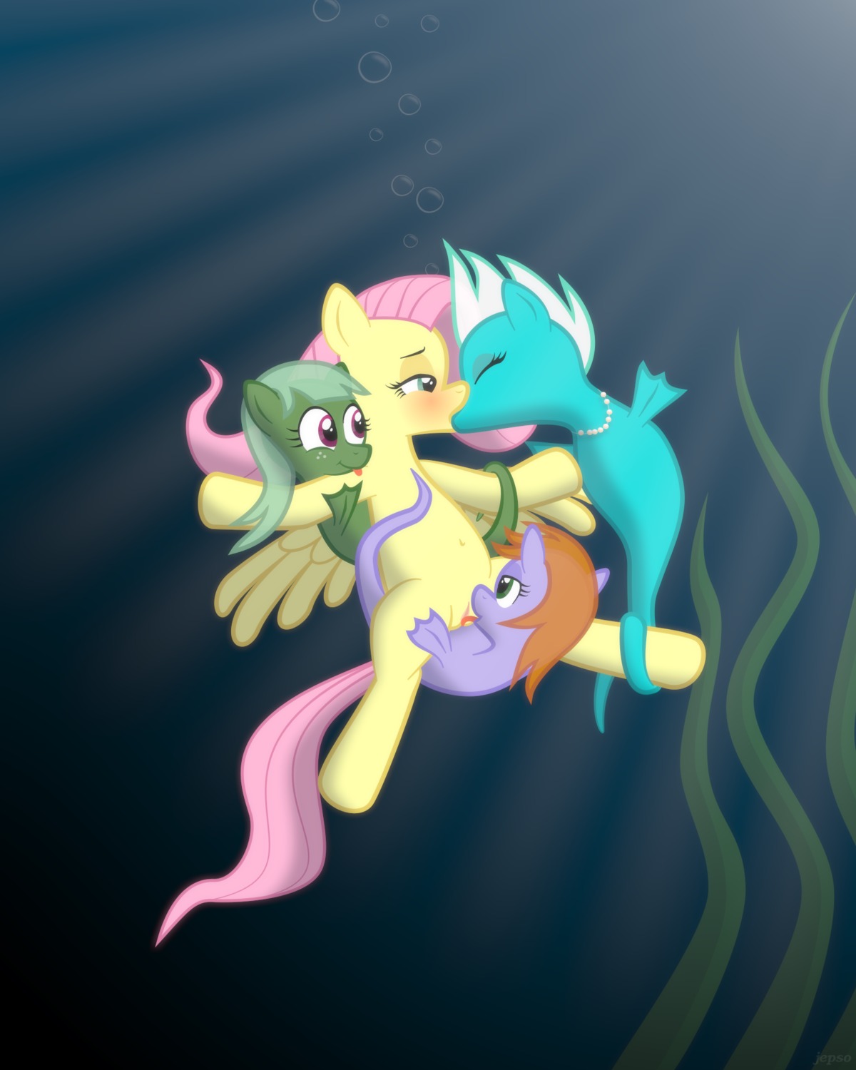 2012 4:5 aquatic colored_outline cunnilingus digital_media_(artwork) e621 equid equine eyes_closed feathered_wings feathers female female/female feral fish fluttershy_(mlp) friendship_is_magic gem genitals group hair hasbro hi_res jepso jewelry kiss_on_lips kissing mammal my_little_pony mythological_creature mythological_equine mythology necklace oral pearl_(gem) pearl_necklace pegasus pink_hair pink_tail seahorse seaweed sex syngnathid syngnathiform tail underwater vaginal vulva water wings yellow_body yellow_feathers