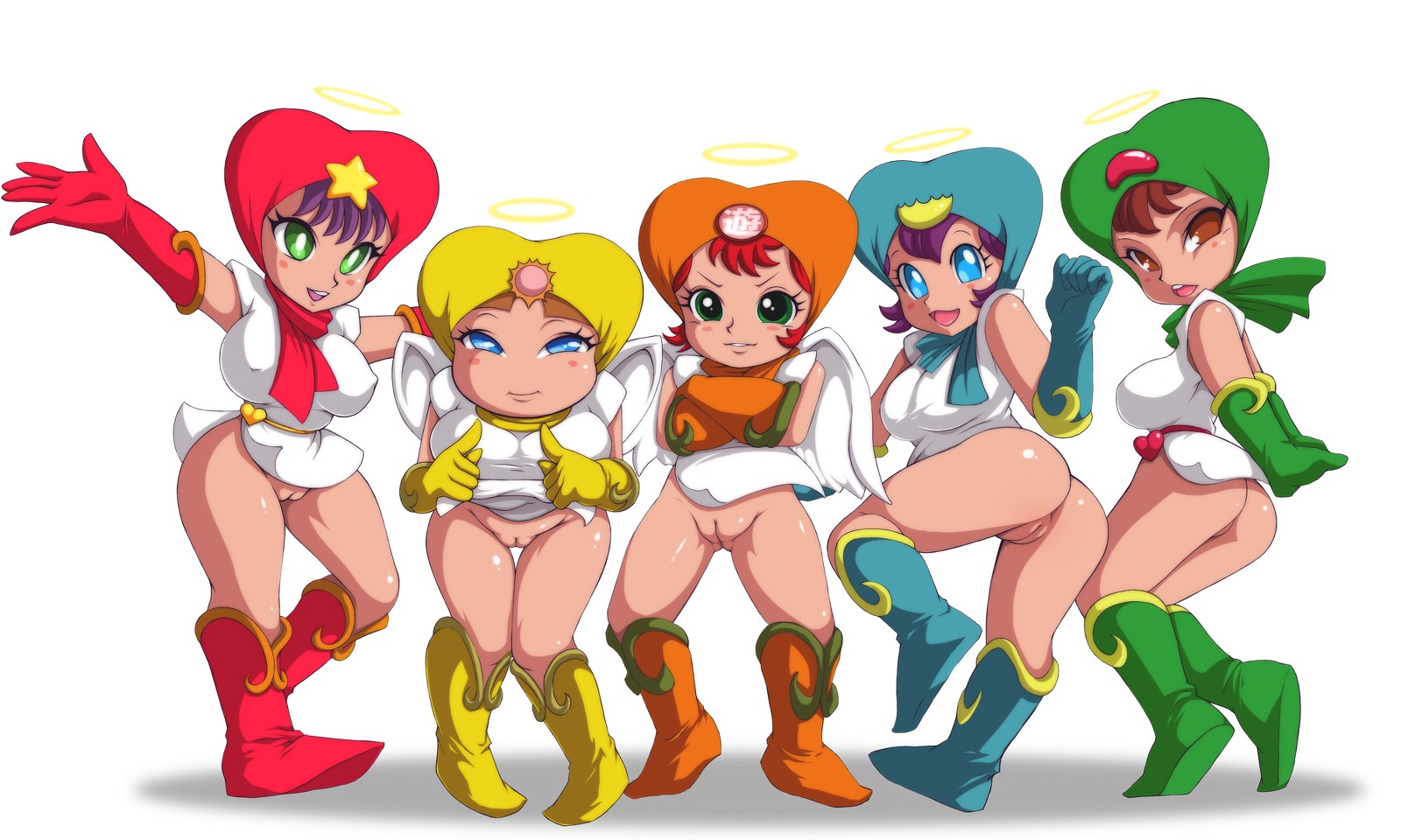 5girls blue_eyes blush bottomless breasts brown_eyes brown_hair female green_eyes highres large_breasts multiple_females multiple_girls noise_(artist) pixiv_manga_sample purple_hair pussy red_hair resized rule34 uncensored