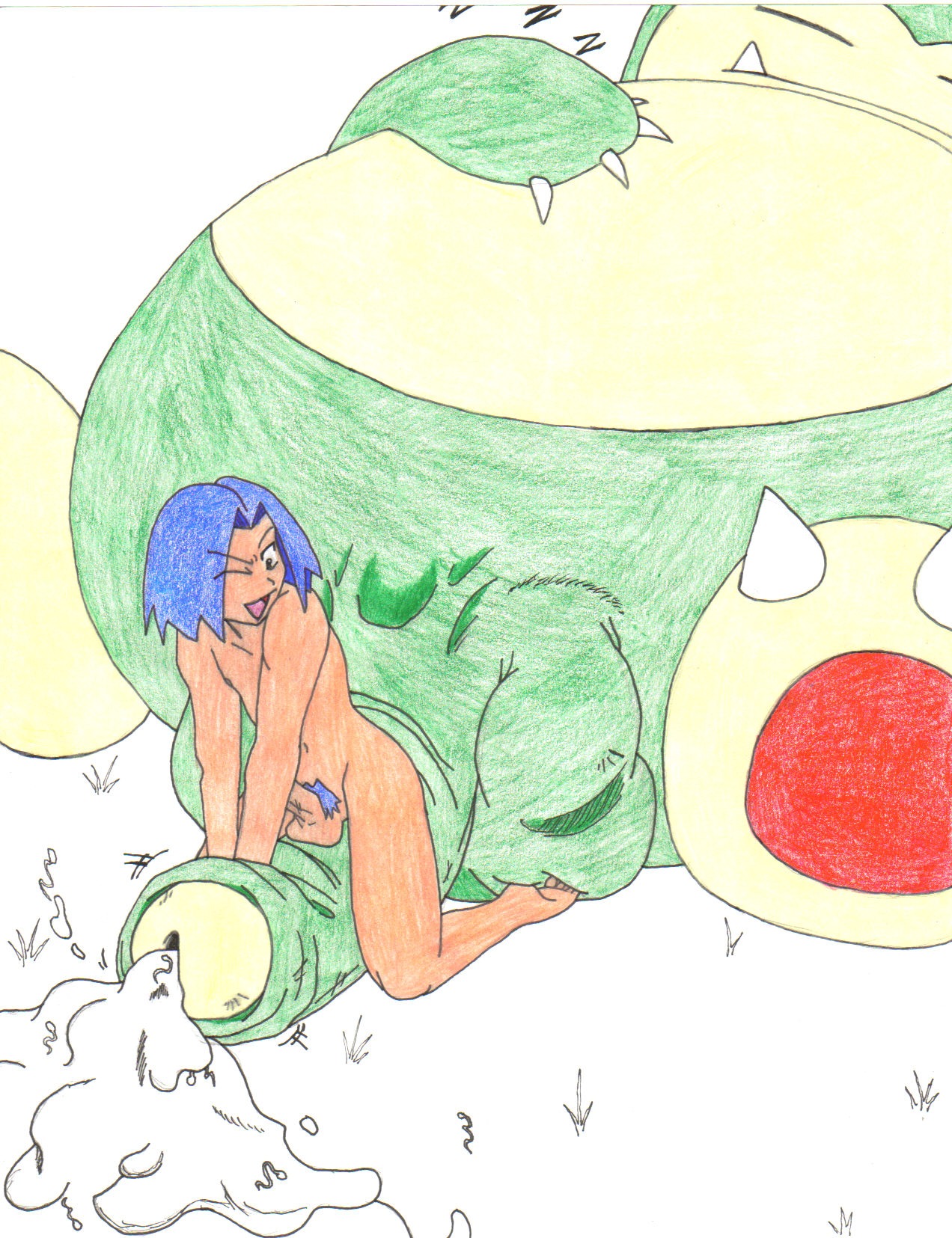 blue_hair claws cum cum_drip cum_pool cum_puddle gay green_fur human james_(pokemon) male male_only multiple_males pokemon pokephilia pubic_hair rule34 semen sleeping snorlax trainer_(artist) wink yaoi