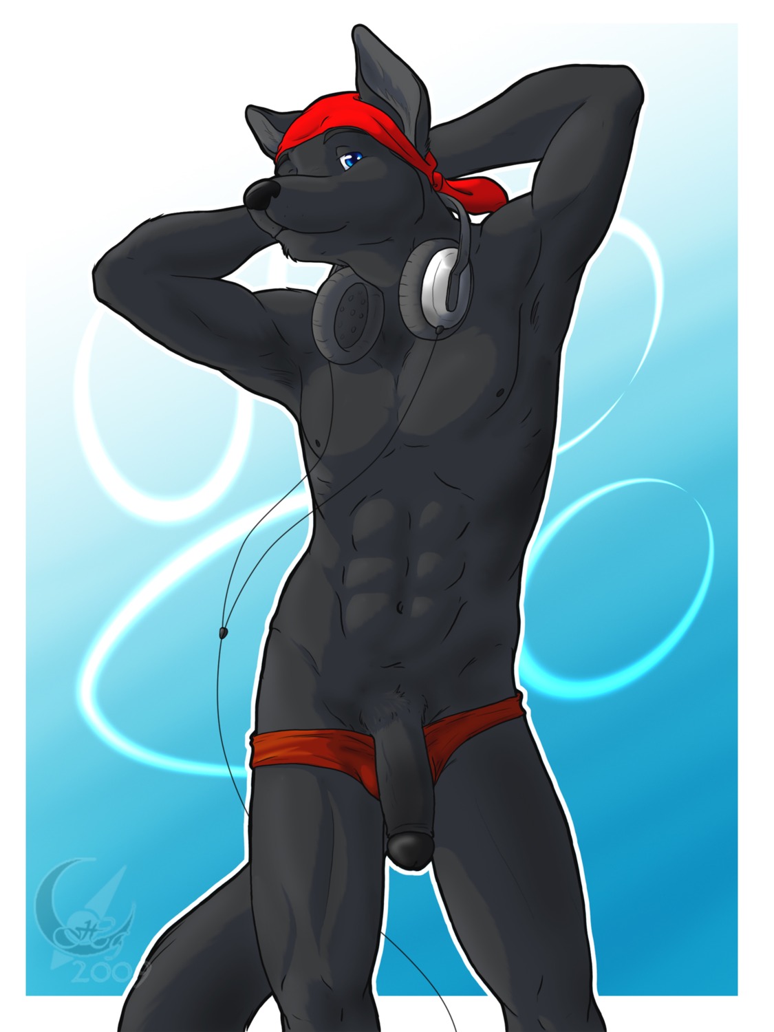 2009 3:4 abs anthro biceps big_muscles big_penis biped black_body black_fur black_nose black_penis blue_eyes bulge canid canine canis clothing disc_jockey e621 eclipticafusion electronics erection flaccid fur genitals headphones headphones_around_neck hi_res kerchief looking_at_viewer lupine_assassin male mammal muscular muscular_anthro muscular_male naturally_unclothed nude pecs penis red_clothing red_kerchief red_swimwear solo speedo standing swimwear tail wolf