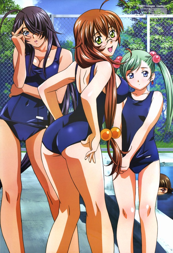 ahoge ass black_hair blue_eyes blush breasts brown_hair cameltoe chainlink_fence chouhi_ekitoku cleavage female fence flat_chest glasses green_eyes hair_bobbles hair_ornament hair_over_one_eye ikkitousen kanu_unchou large_breasts long_hair looking_back low-tied_long_hair megami_magazine megane mizugi multiple_females multiple_girls official_art one-piece_swimsuit oppai outdoors pettanko pink_eyes pool pussy rule34 ryuubi_gentoku scan school_swimsuit shokatsuryou_koumei sukumizu swimsuit tree very_long_hair