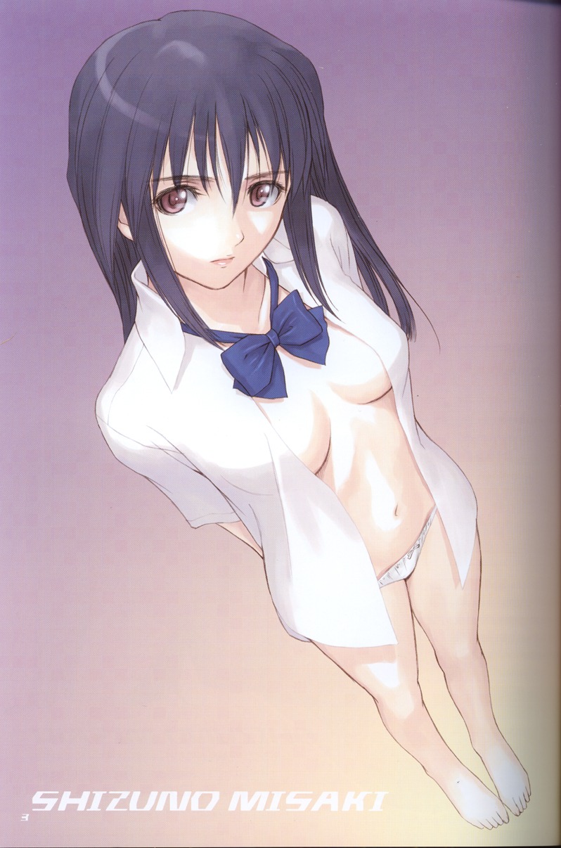 1girls barefoot black_hair bottomless bow bow_panties breasts feet female female_only full_body highres lipstick long_hair makeup misaki_shizuno navel no_bra open_clothes open_shirt panties purple_eyes rule34 shirt solo standing taka_tony underwear white_panties zegapain