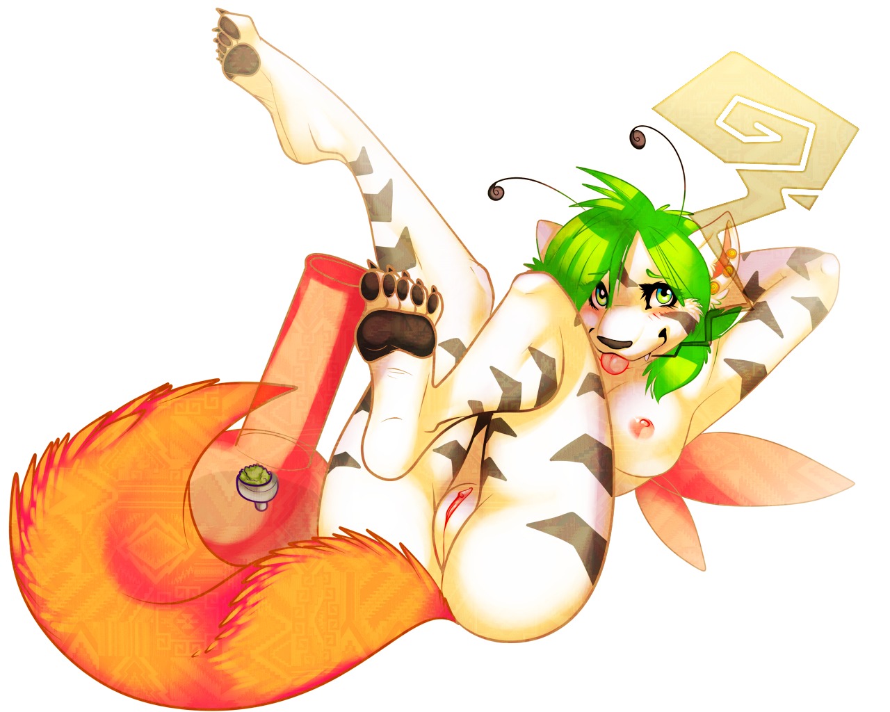5:4 5_toes antennae_(anatomy) anthro arthropod barefoot beep_(character) biped bong breasts butt butt_focus digital_media_(artwork) drugs e621 feet felid female fivel foot_focus genital_focus genitals green_hair hair hindpaw humanoid_feet hybrid insect insect_wings legs_up looking_at_viewer lying mammal marijuana nipples nude on_back pantherine pawpads paws plantigrade simple_background soles solo stripes tail tiger toes vulva vulva_focus white_background wings