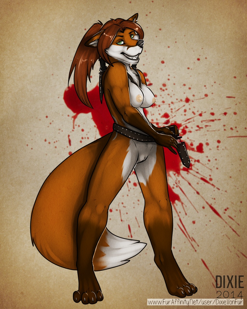 4:5 anthro blood bodily_fluids breasts canid canine dixievonfur e621 ear_piercing female fox genitals hi_res knife looking_at_viewer mammal nude piercing solo sophia_st_claire spoony_(spoonyfox) vulva