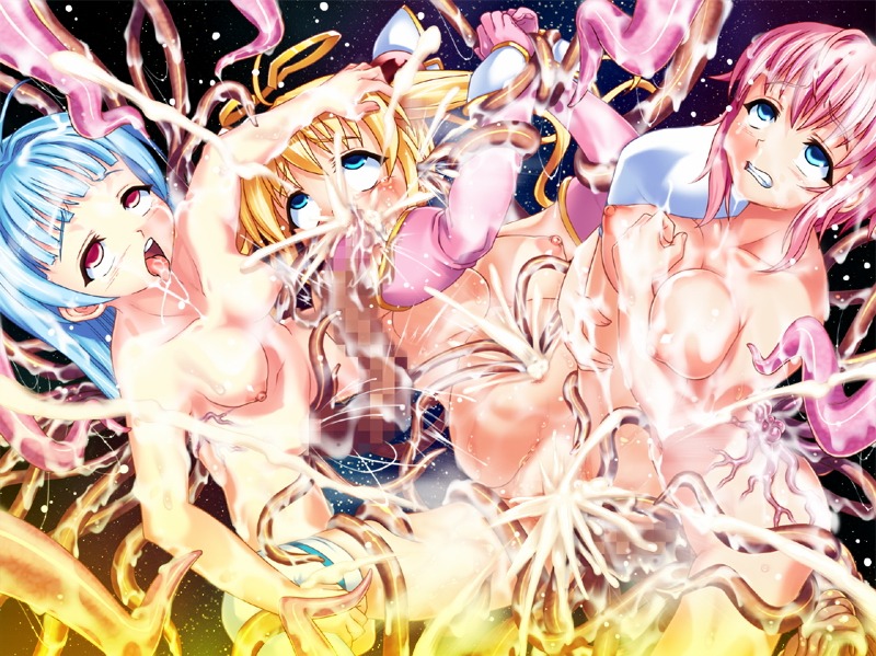 3girls blonde_hair blue_eyes blue_hair censored female fucked_silly honjou_emiru honjou_erena honjou_karen long_hair mahou_shoujo_erena multiple_females multiple_girls nude pink_hair potekoro red_eyes rolling_eyes rule34 slime tentacle tied_hair torn_clothes twintails valkyria_(studio)